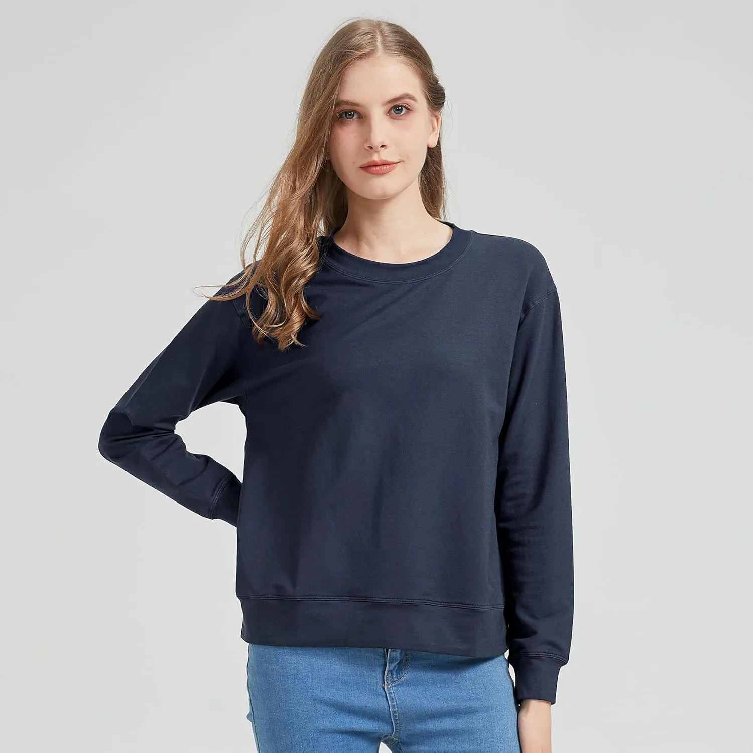 netdraw Women's Midweight Bamboo Viscose Sweatshirt Oversized Soft Crew Neck Cotton French Terry Pullover Tops
