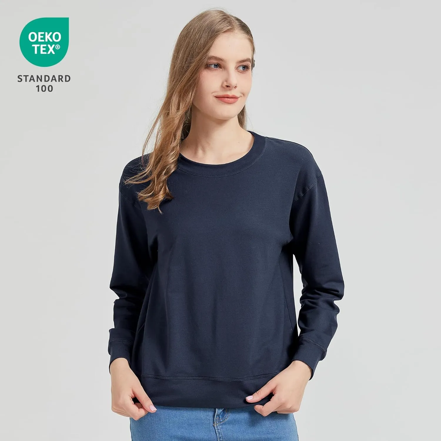 netdraw Women's Midweight Bamboo Viscose Sweatshirt Oversized Soft Crew Neck Cotton French Terry Pullover Tops