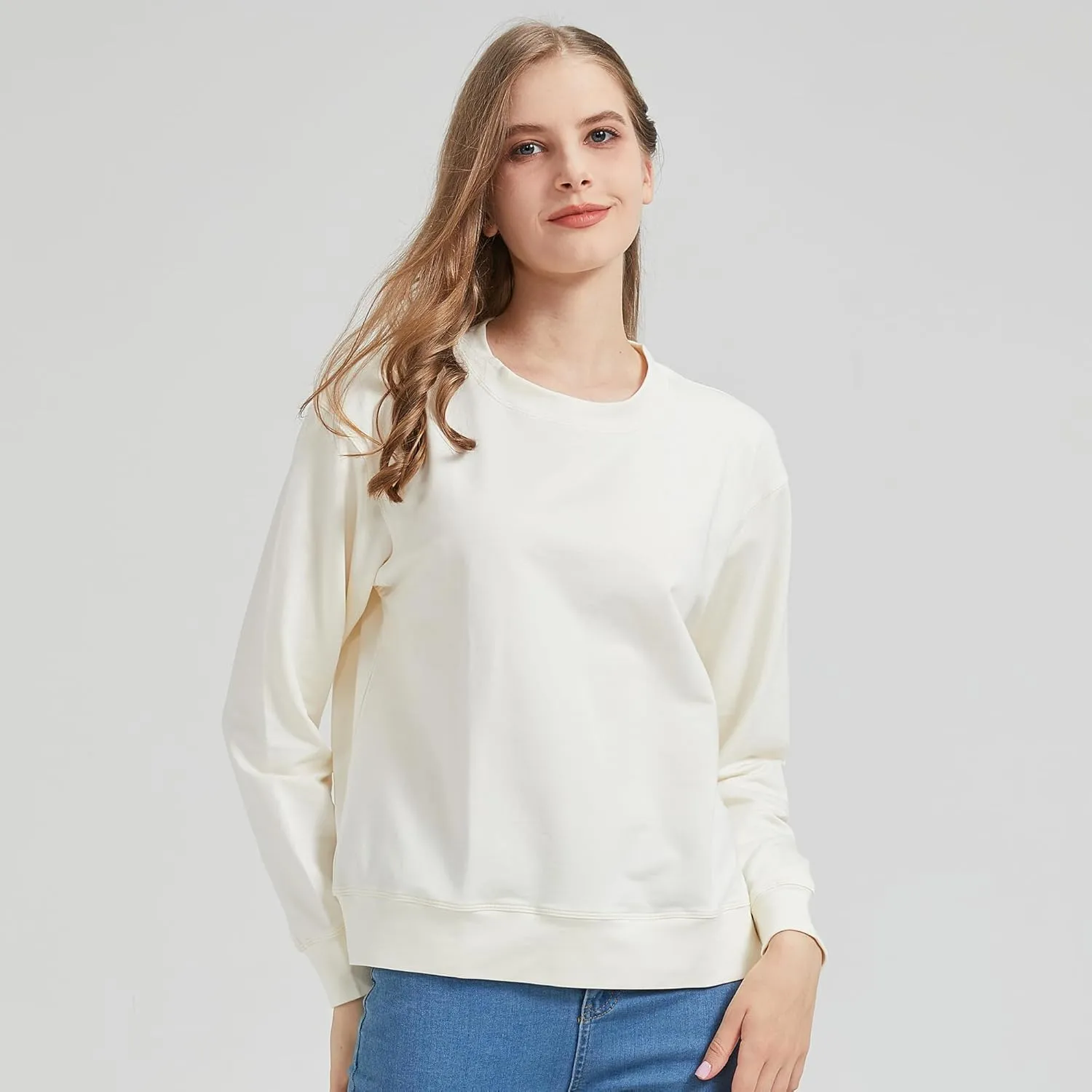 netdraw Women's Midweight Bamboo Viscose Sweatshirt Oversized Soft Crew Neck Cotton French Terry Pullover Tops