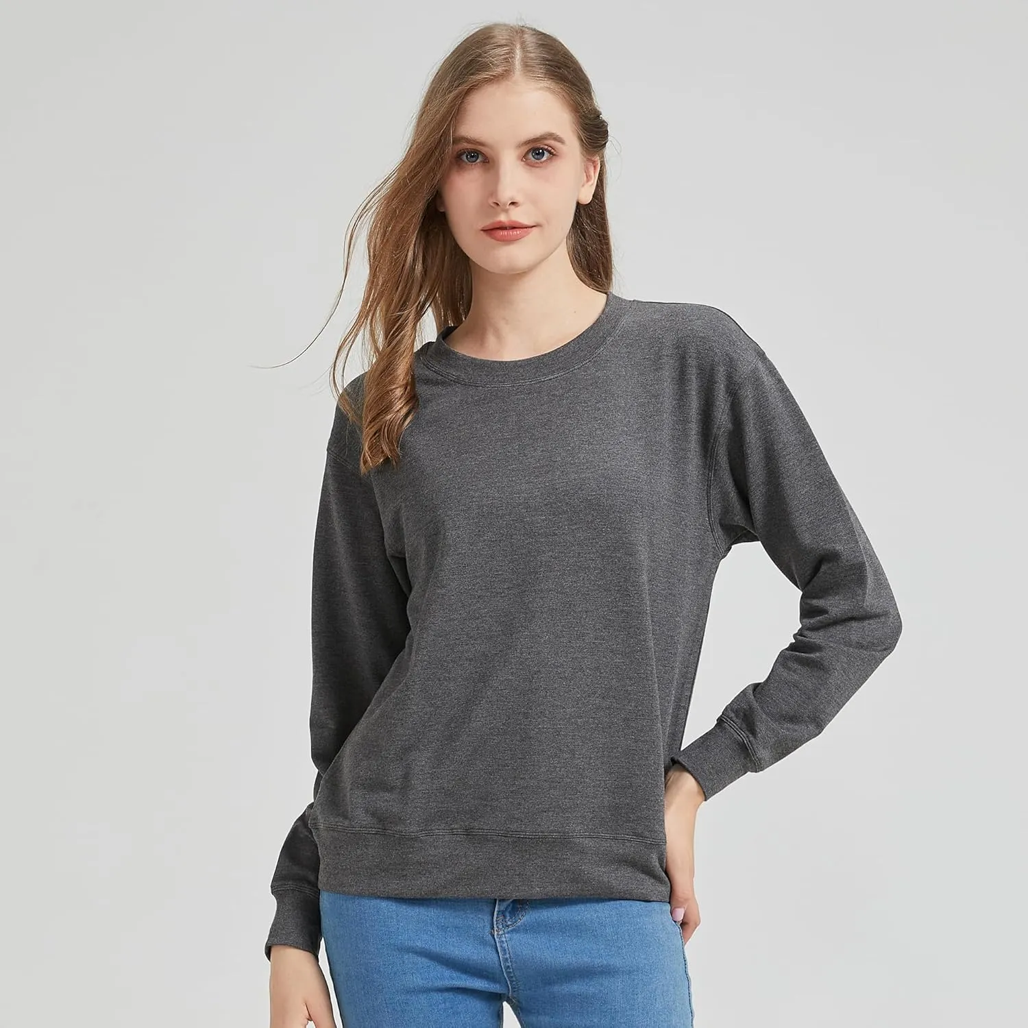 netdraw Women's Midweight Bamboo Viscose Sweatshirt Oversized Soft Crew Neck Cotton French Terry Pullover Tops