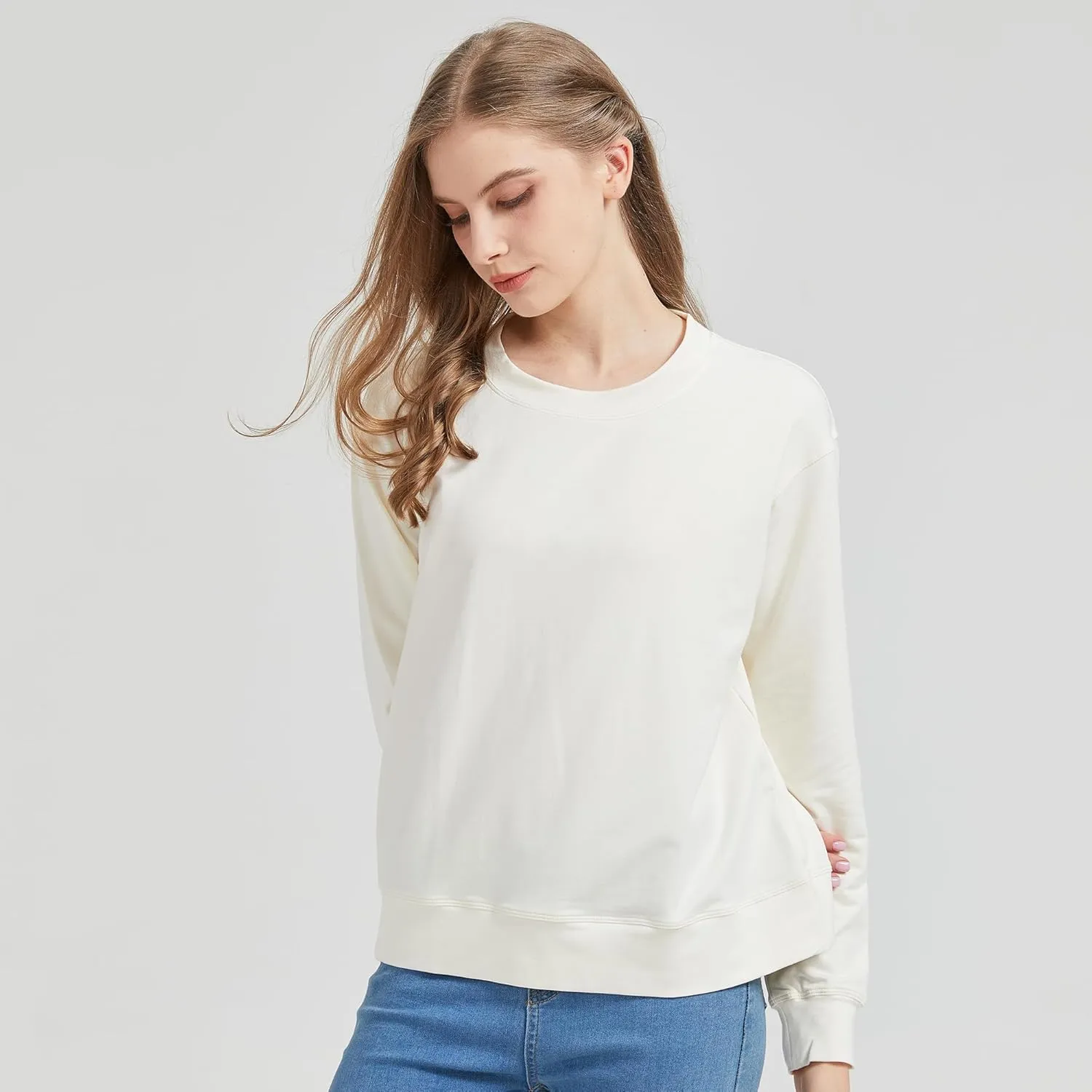 netdraw Women's Midweight Bamboo Viscose Sweatshirt Oversized Soft Crew Neck Cotton French Terry Pullover Tops