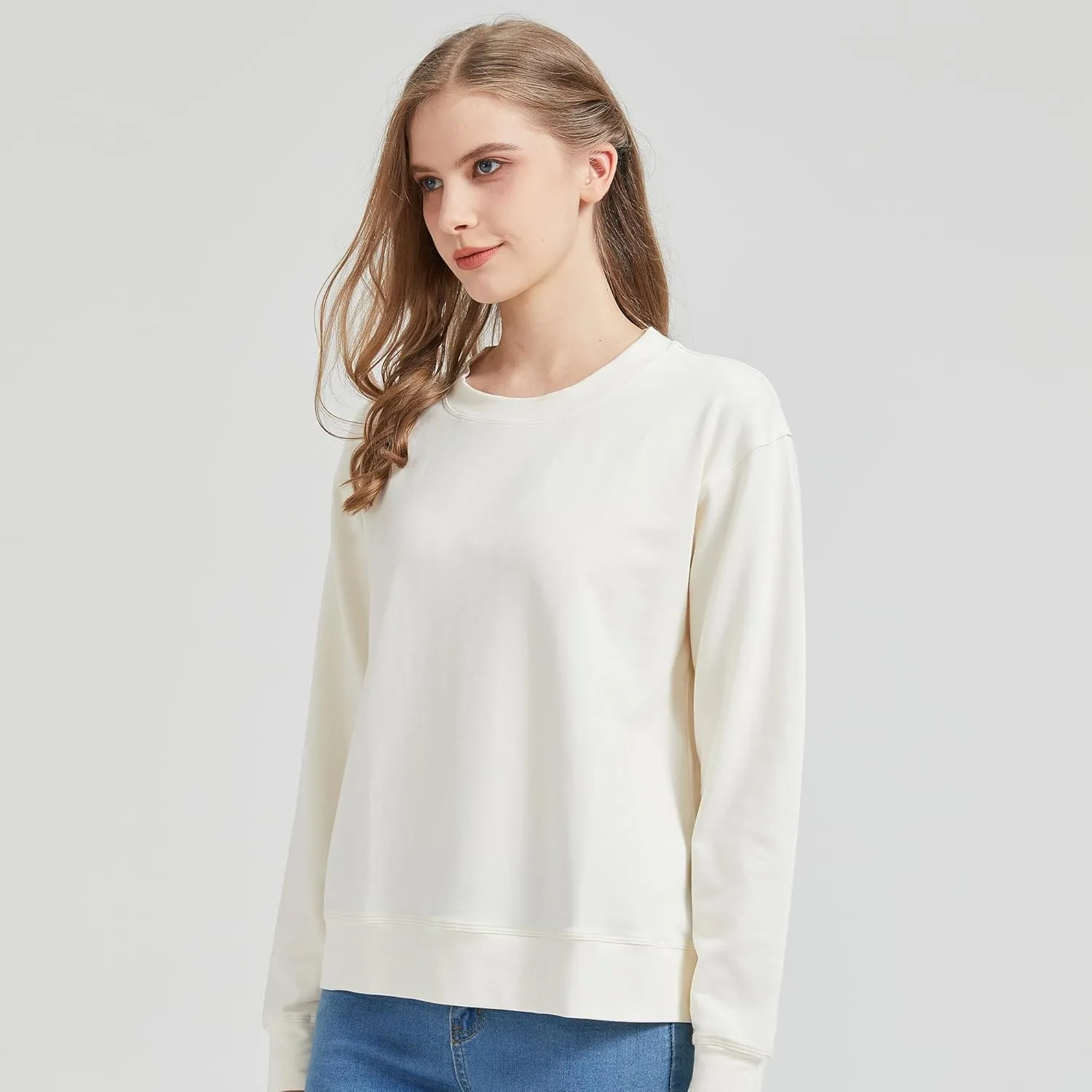 netdraw Women's Midweight Bamboo Viscose Sweatshirt Oversized Soft Crew Neck Cotton French Terry Pullover Tops