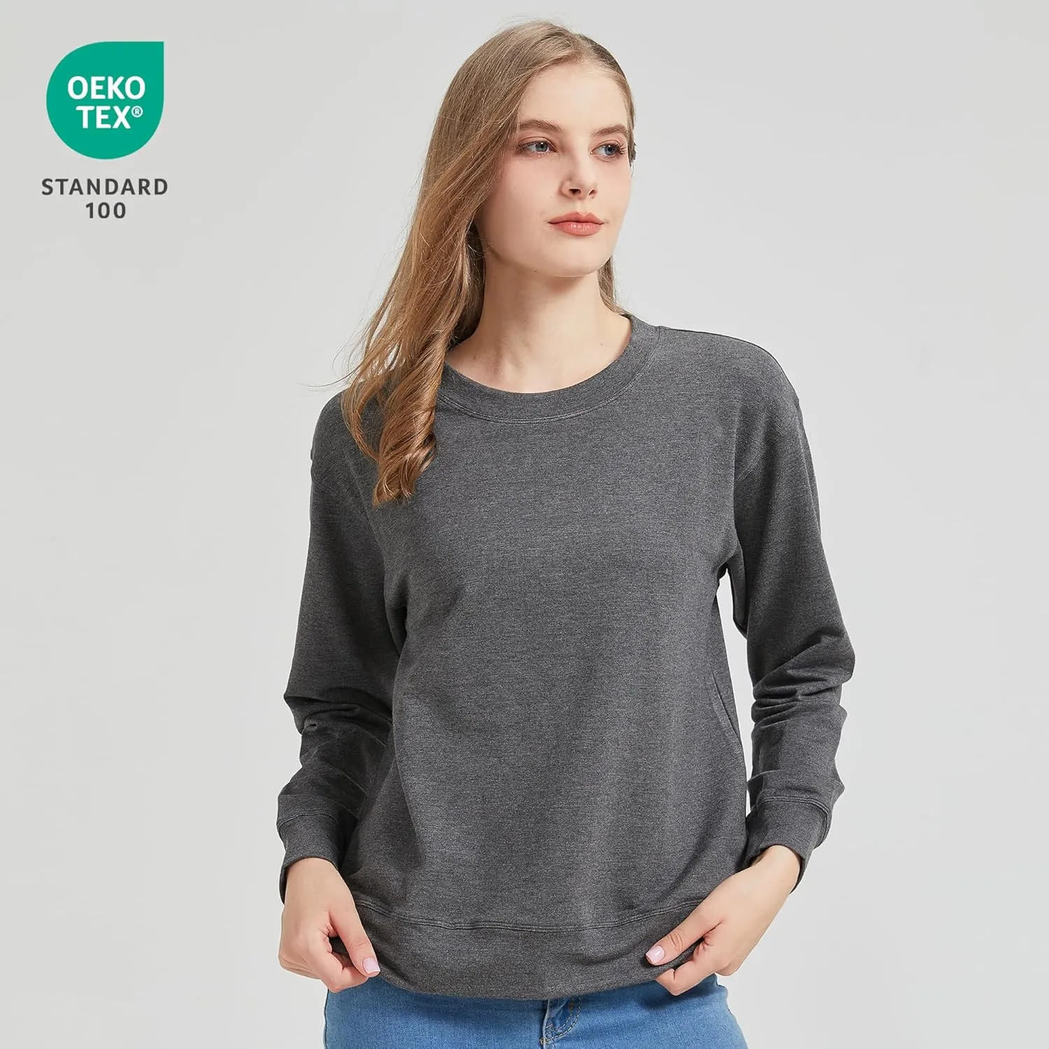 netdraw Women's Midweight Bamboo Viscose Sweatshirt Oversized Soft Crew Neck Cotton French Terry Pullover Tops