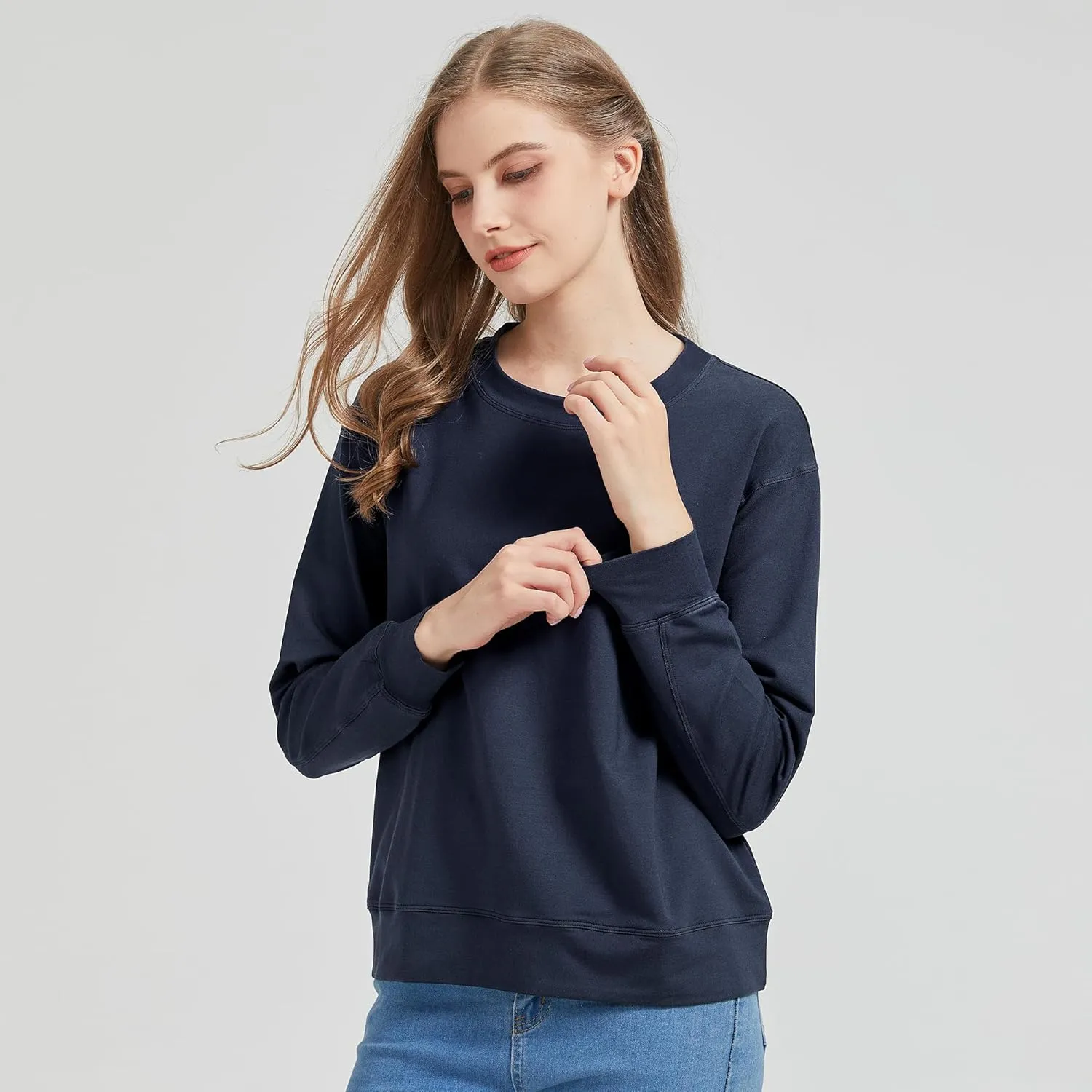 netdraw Women's Midweight Bamboo Viscose Sweatshirt Oversized Soft Crew Neck Cotton French Terry Pullover Tops