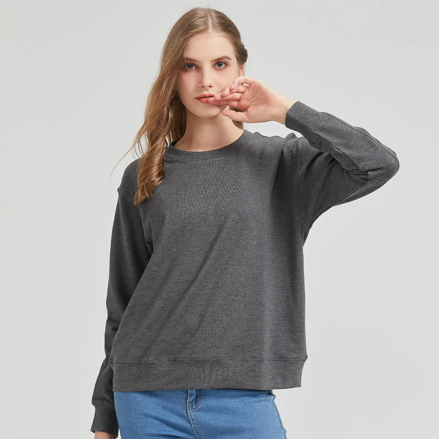 netdraw Women's Midweight Bamboo Viscose Sweatshirt Oversized Soft Crew Neck Cotton French Terry Pullover Tops