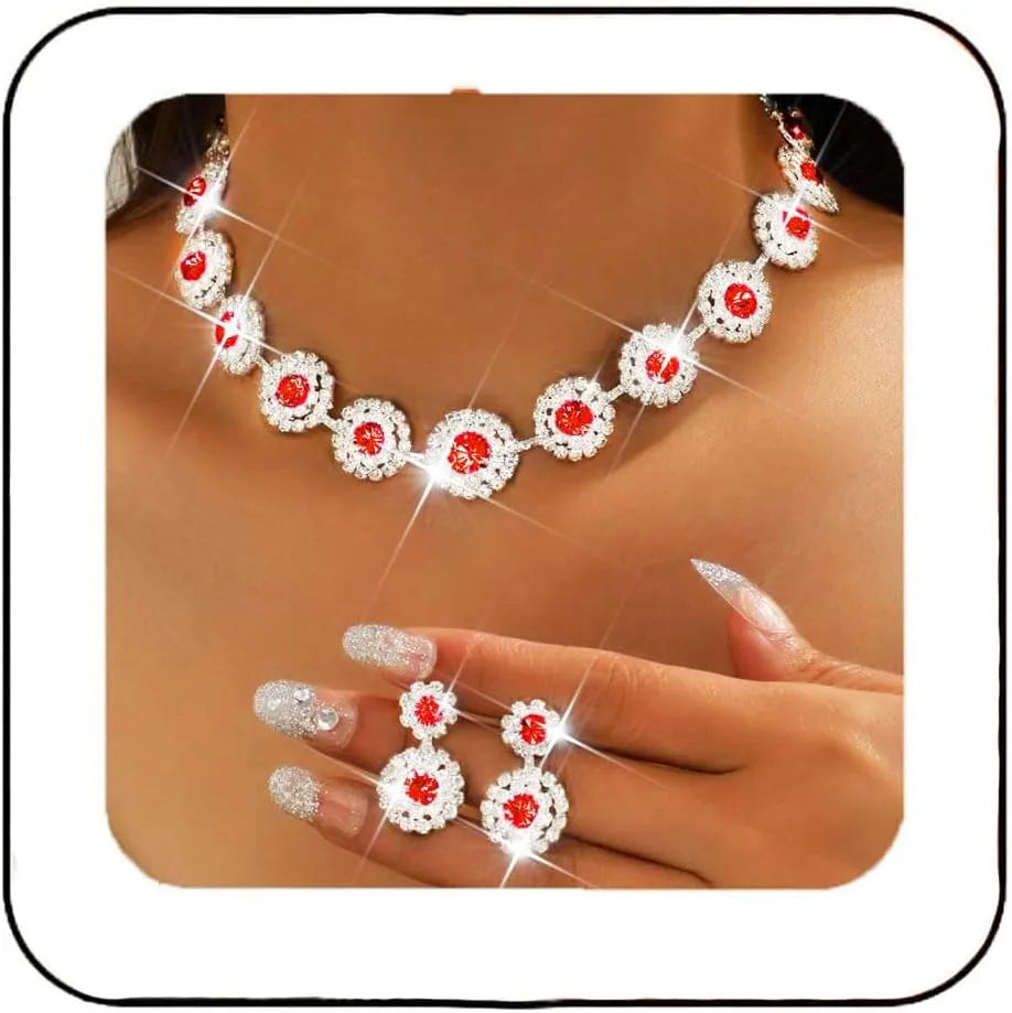 Nicute Rhinestone Wedding Jewelry Set Silver Bridal Necklace Earrings Sets Formal Costume Jewelry for Women