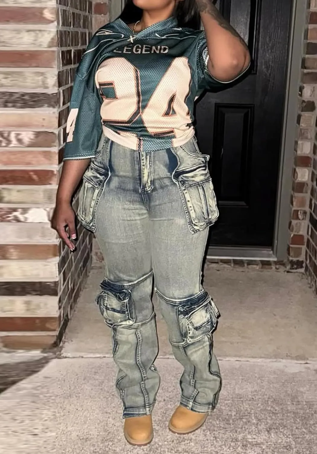 NRTHYE Women Cargo Jeans High Waist Straight Leg Trendy Stretchy Denim Cargo Pants with Pockets