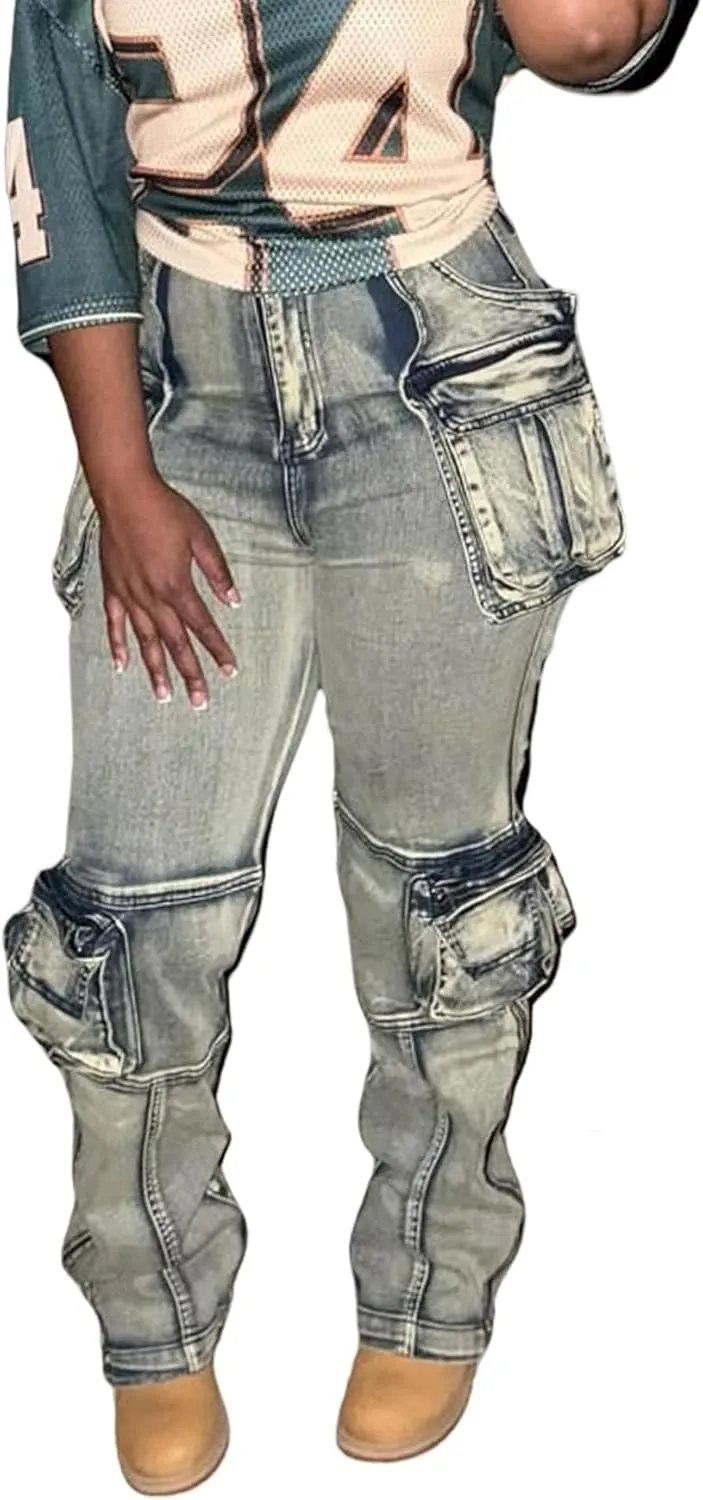NRTHYE Women Cargo Jeans High Waist Straight Leg Trendy Stretchy Denim Cargo Pants with Pockets