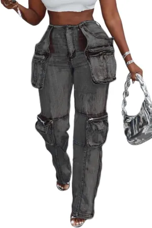NRTHYE Women Cargo Jeans High Waist Straight Leg Trendy Stretchy Denim Cargo Pants with Pockets
