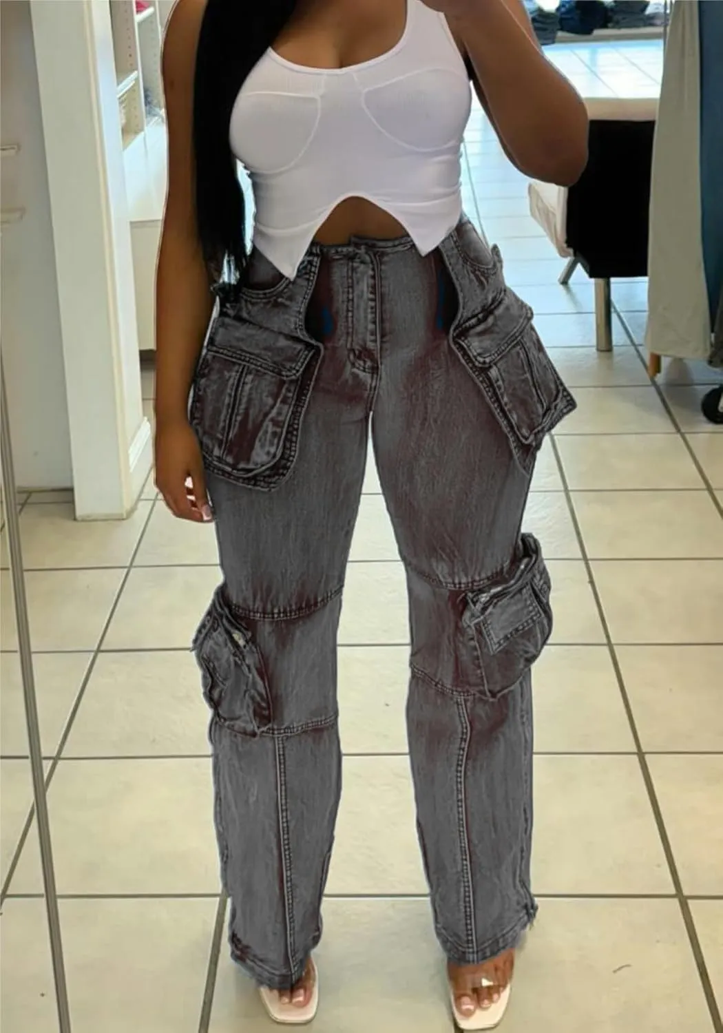 NRTHYE Women Cargo Jeans High Waist Straight Leg Trendy Stretchy Denim Cargo Pants with Pockets