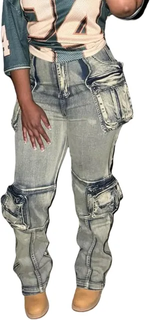NRTHYE Women Cargo Jeans High Waist Straight Leg Trendy Stretchy Denim Cargo Pants with Pockets