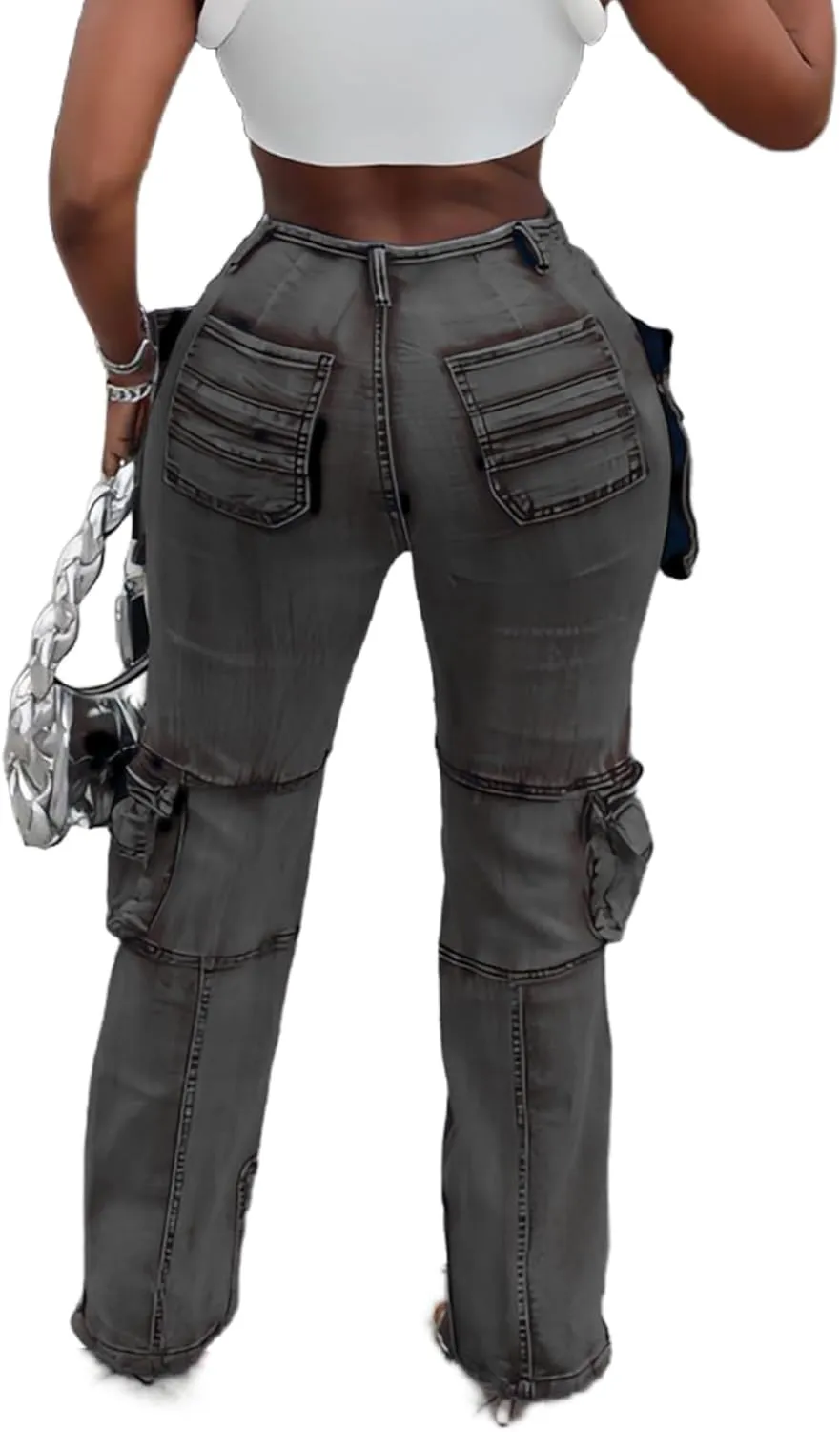 NRTHYE Women Cargo Jeans High Waist Straight Leg Trendy Stretchy Denim Cargo Pants with Pockets