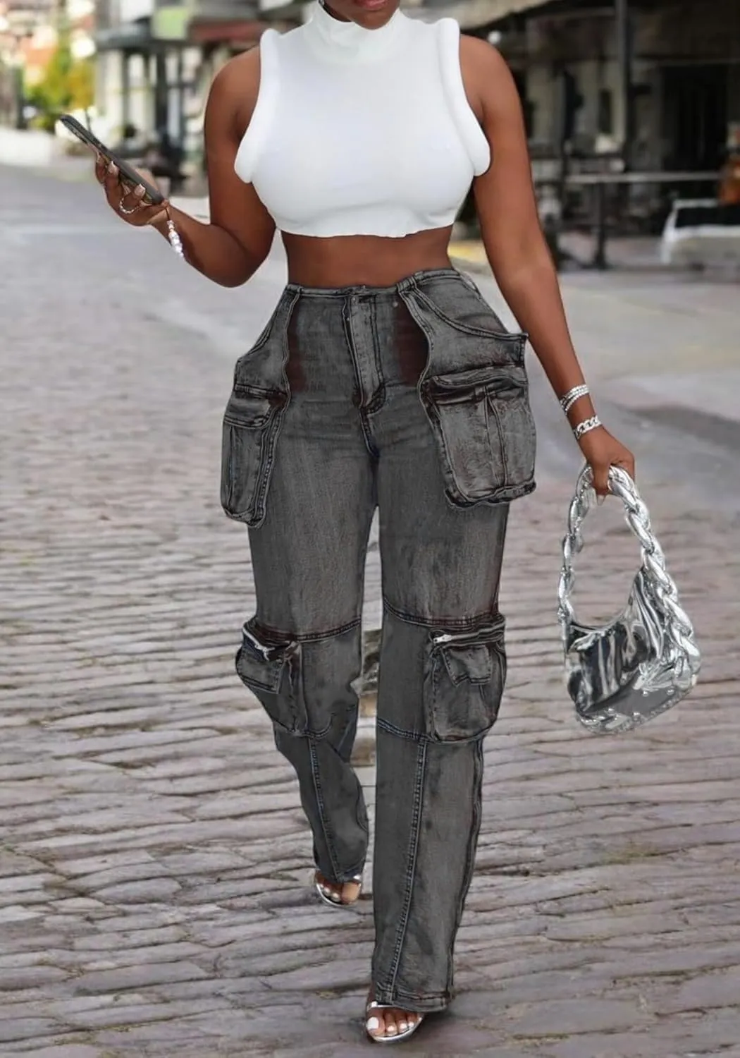 NRTHYE Women Cargo Jeans High Waist Straight Leg Trendy Stretchy Denim Cargo Pants with Pockets