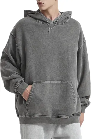Oversized Acid Wash Vintage Hoodie Men Cotton Heavyweight Baggy Trendy Streetwear Hooded Sweatshirt Basic Pullover