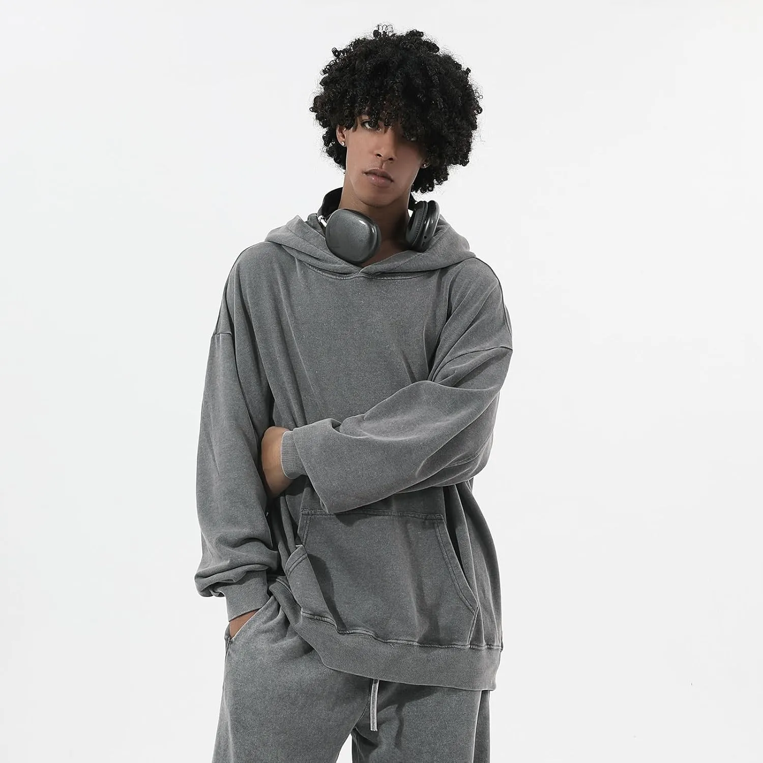 Oversized Acid Wash Vintage Hoodie Men Cotton Heavyweight Baggy Trendy Streetwear Hooded Sweatshirt Basic Pullover