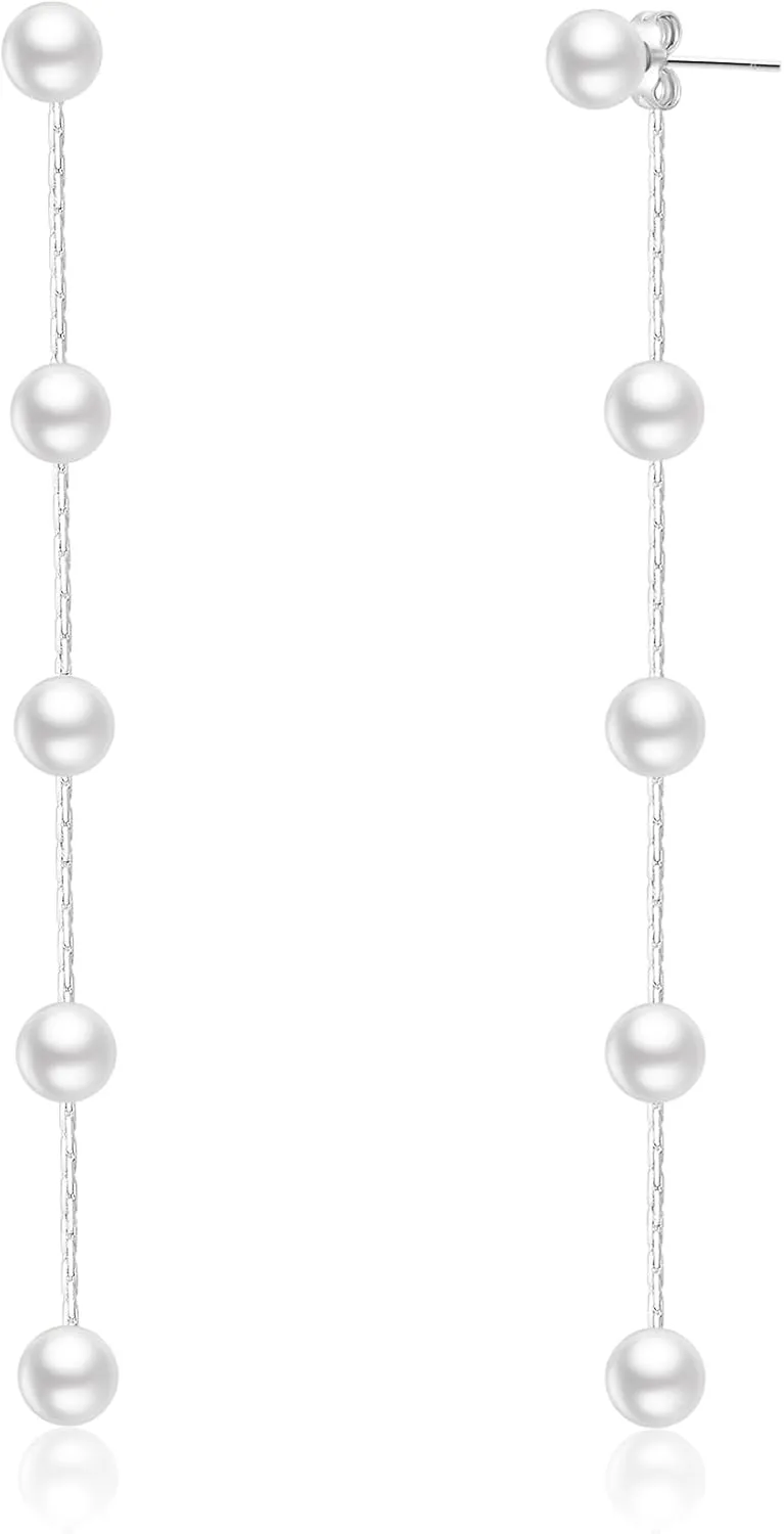 PABBEU Silver Long Pearl Earrings for Women Hypoallergenic 925 Sterling Silver Pearl Stud Earrings Elegant Pearl Drop Earrings Wedding Pearl Tassel Chain Dangle Earrings for Women Bridal 4/5/6mm
