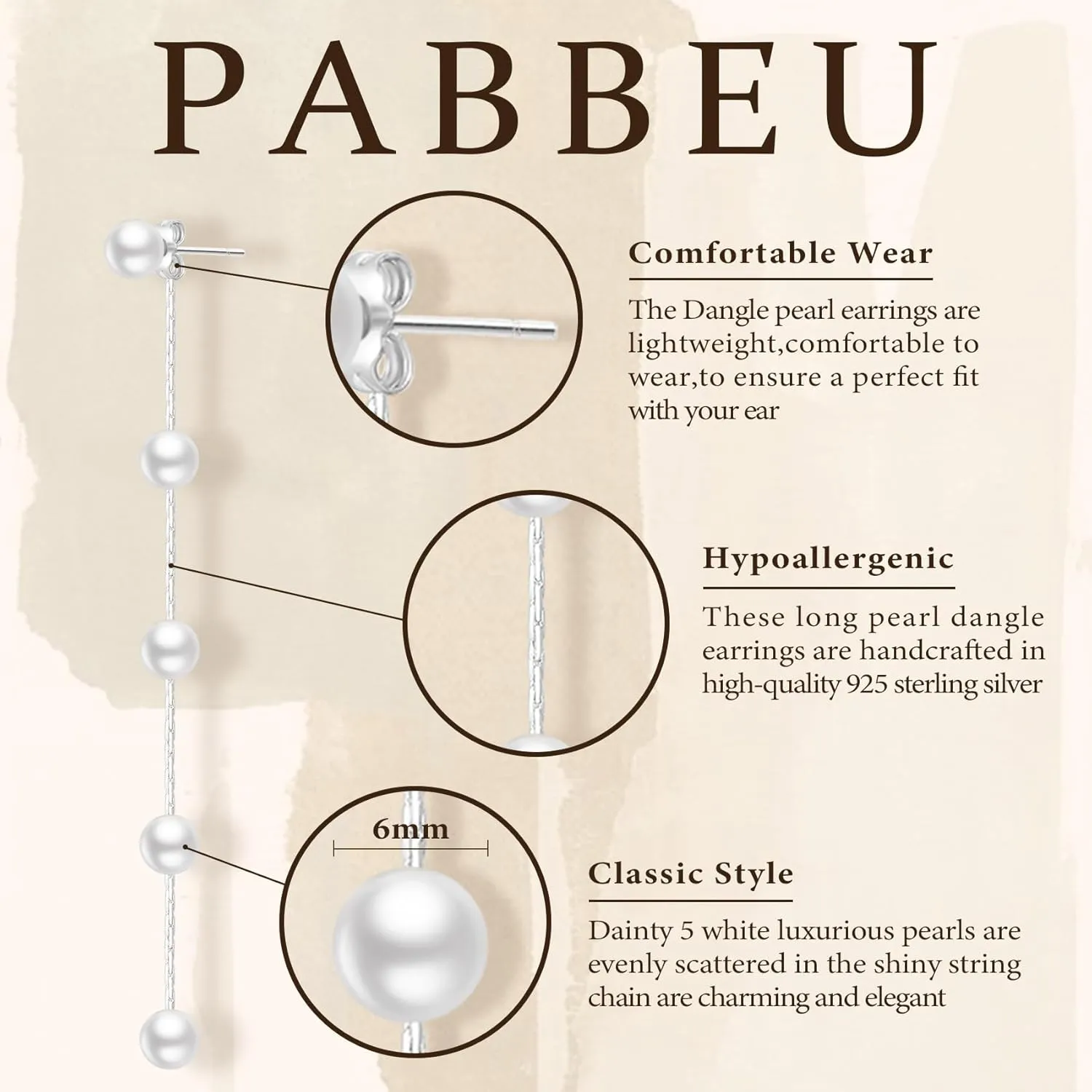 PABBEU Silver Long Pearl Earrings for Women Hypoallergenic 925 Sterling Silver Pearl Stud Earrings Elegant Pearl Drop Earrings Wedding Pearl Tassel Chain Dangle Earrings for Women Bridal 4/5/6mm