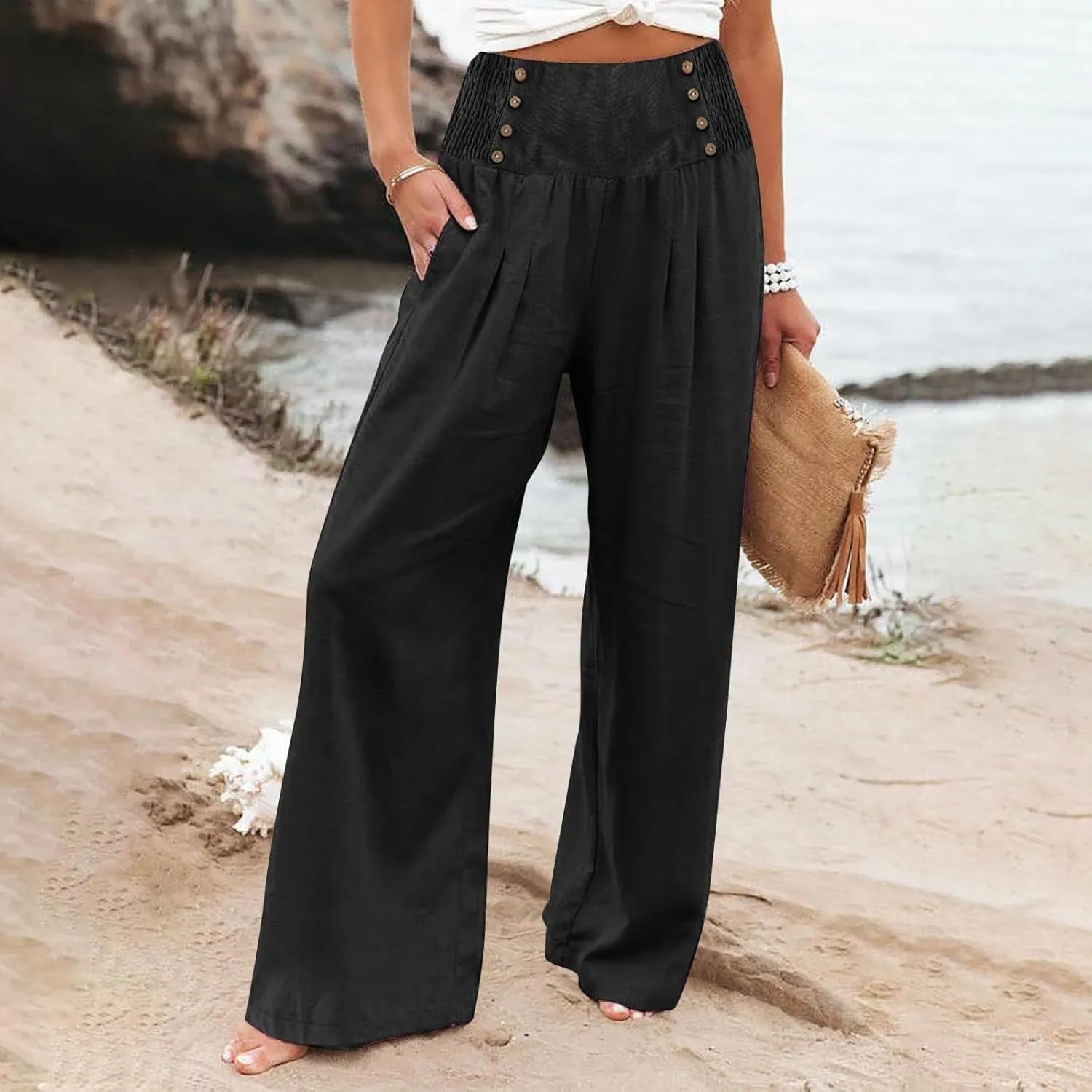 Palazzo Pants For Women Dressy Plus Size Linen Boho Wide Leg Soft Sweapants 2024 Summer Beach Travel Lounge Trouser
