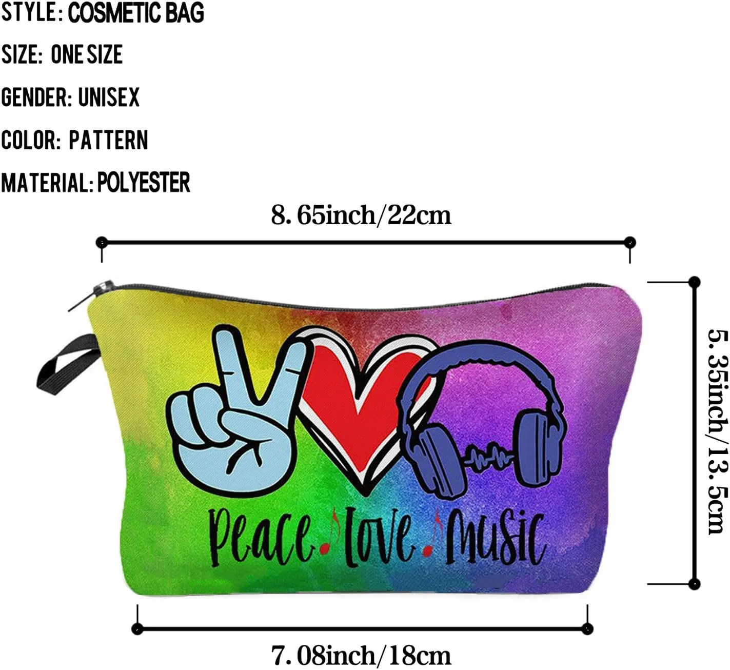 Peace Love Music Cosmetic Bag Cute Small Makeup Bag Travel Toiletry Zipper Pouch Headphone Makeup Bag Gift for Music Lovers Women Girls