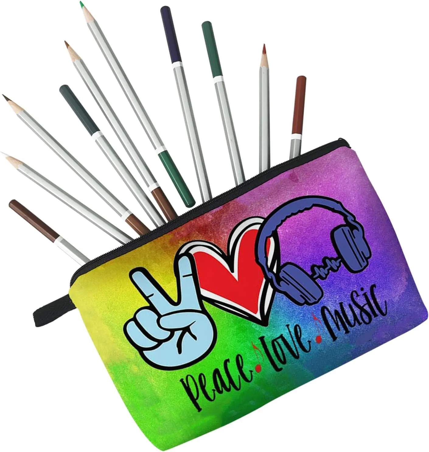 Peace Love Music Cosmetic Bag Cute Small Makeup Bag Travel Toiletry Zipper Pouch Headphone Makeup Bag Gift for Music Lovers Women Girls