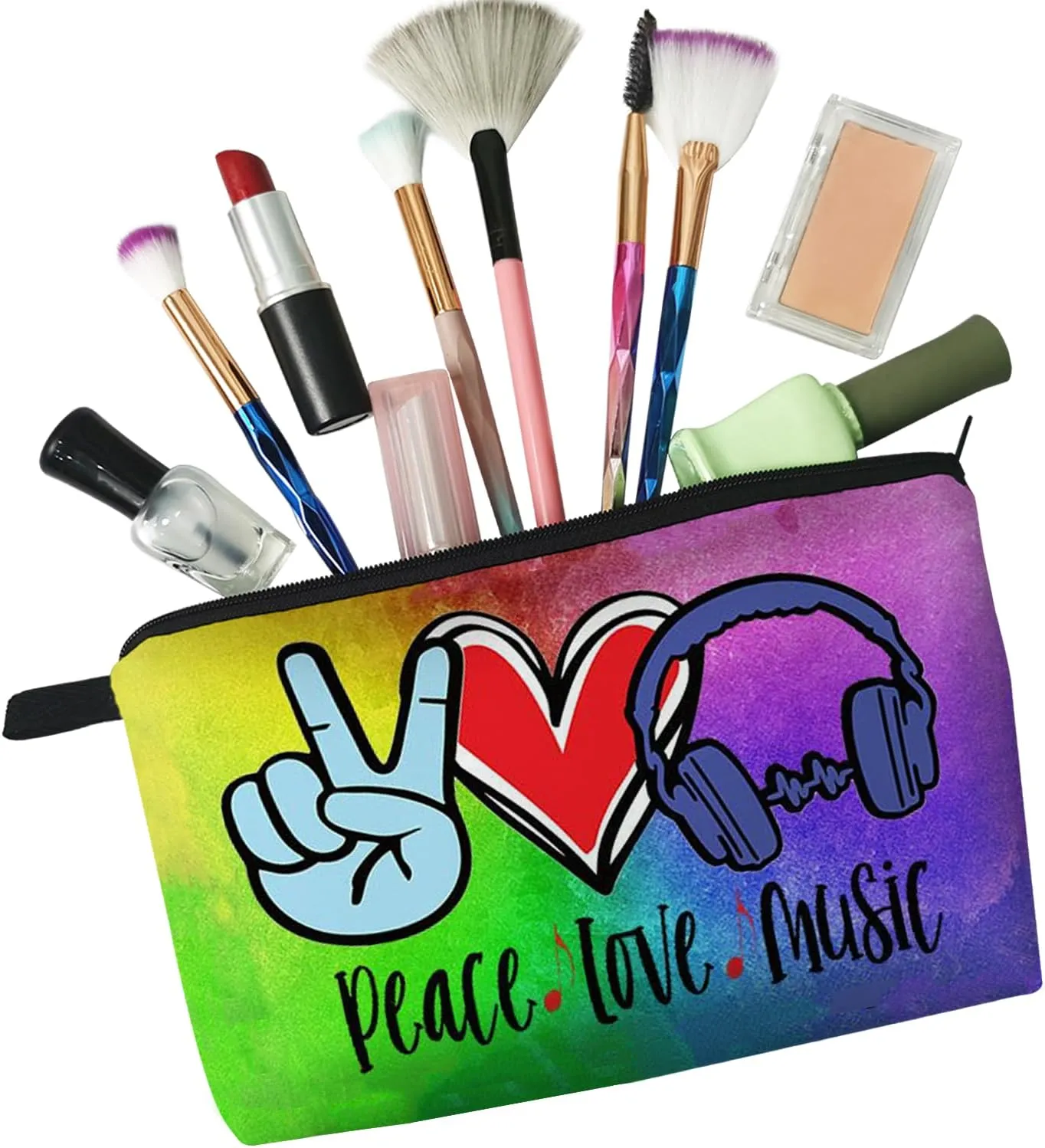 Peace Love Music Cosmetic Bag Cute Small Makeup Bag Travel Toiletry Zipper Pouch Headphone Makeup Bag Gift for Music Lovers Women Girls