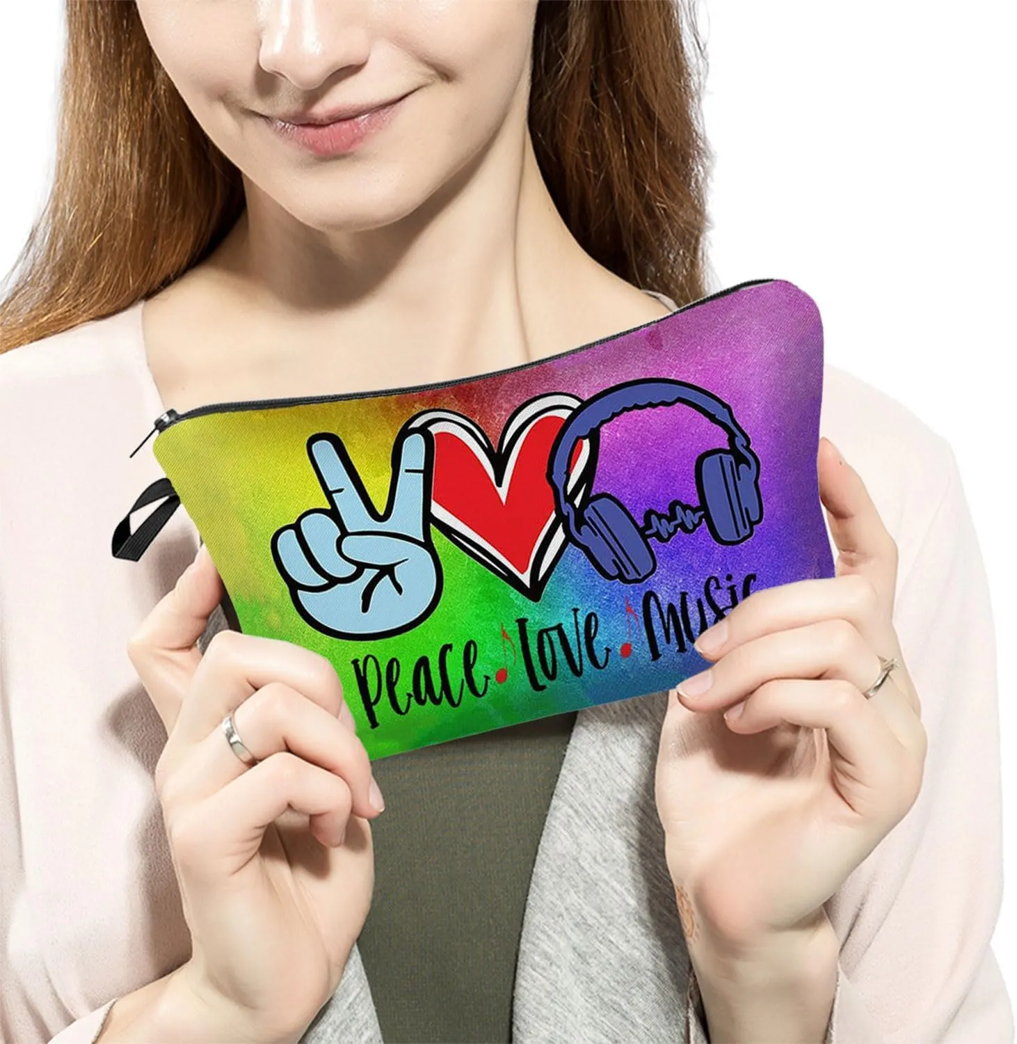 Peace Love Music Cosmetic Bag Cute Small Makeup Bag Travel Toiletry Zipper Pouch Headphone Makeup Bag Gift for Music Lovers Women Girls