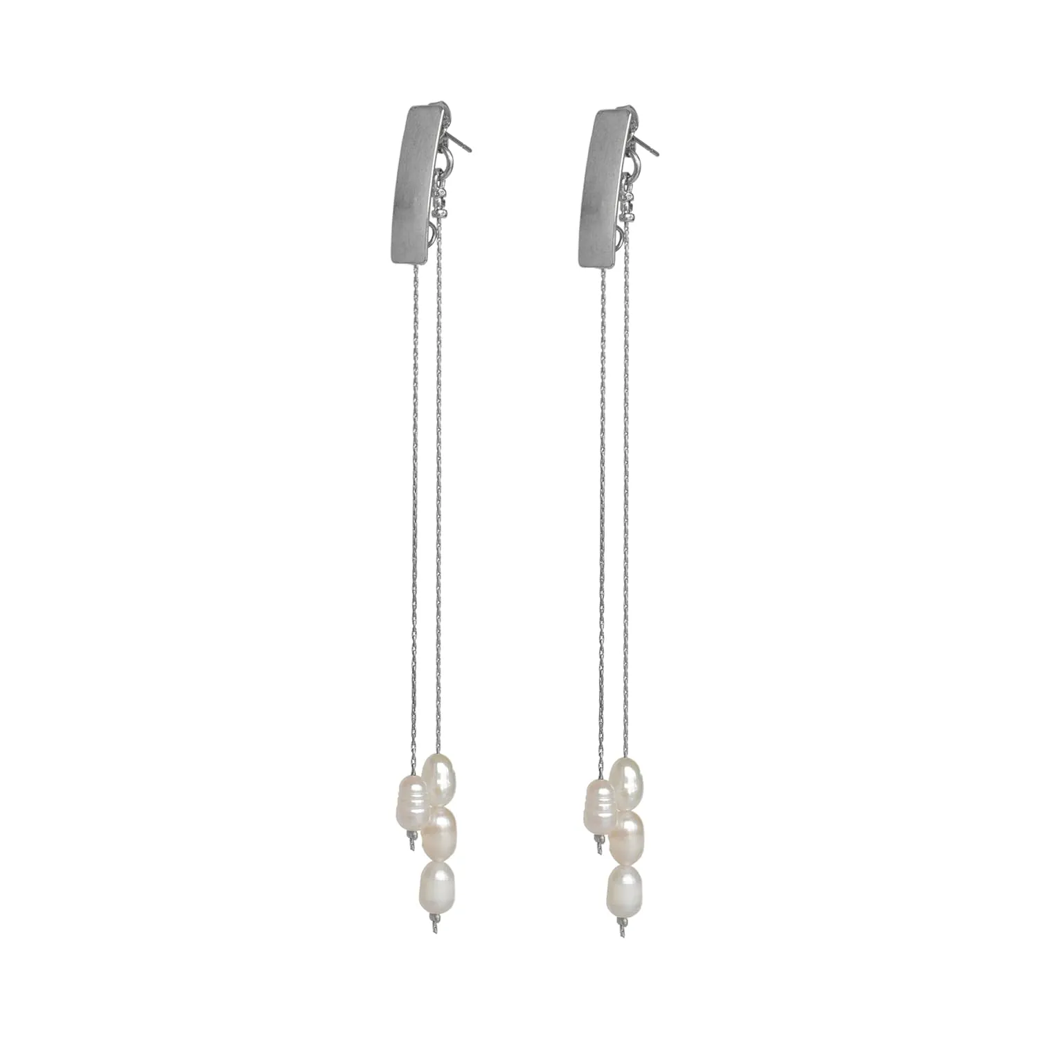Pearl Drop Earrings, Extra Long Lightweight silver plated Chain Stud Earrings, Bold Statement Linear Dangling Bridal Earrings, Unique Handmade Fashion Jewelry by Magoo