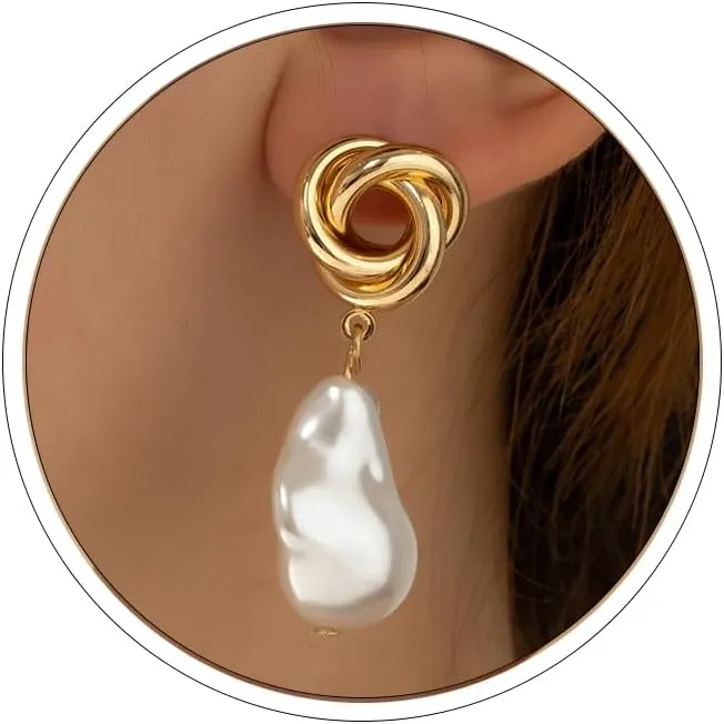 Pearl Drop Earrings for Women 14K Gold Knot Earrings Dainty Statement Pearl Earrings Dangling Wedding Jewelry for Women