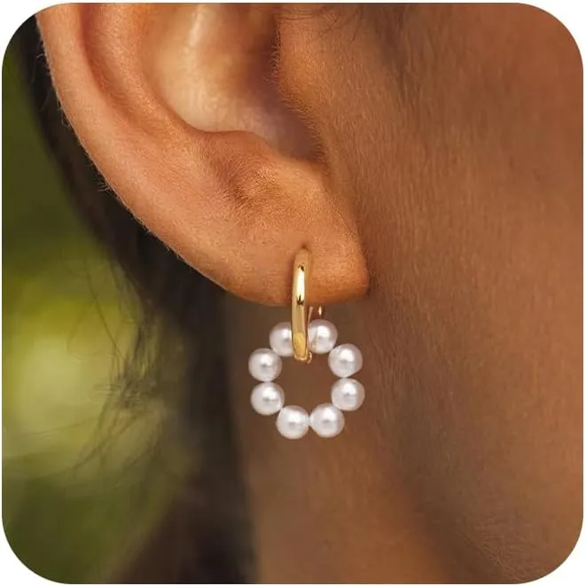 Pearl Earrings for Women - Gold Hoop Earrings for Women Pearl Dangle Earrings for Women Gold Earrings for Women Trendy 14K Gold Jewelry for Women with Pearl Circle | Twisted Rope | Teardrop | Wave Hoop