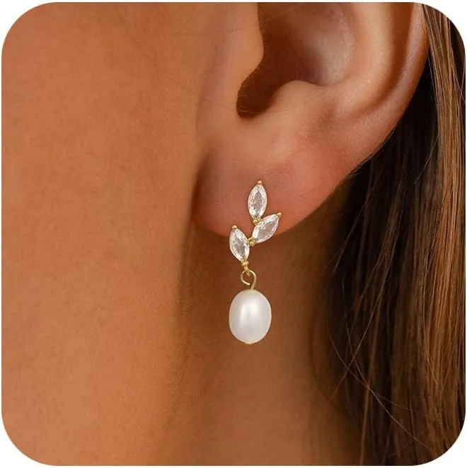 Pearl Earrings for Women Trendy, 14k Gold Plated Freshwater CZ Leaf Pearl Dangle Drop Gold Earrings Lightweight Hypoallergenic Stud Earring Bridesmaid Wedding Gold Jewelry for Women Gifts