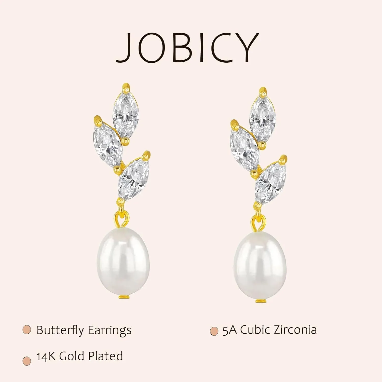 Pearl Earrings for Women Trendy, 14k Gold Plated Freshwater CZ Leaf Pearl Dangle Drop Gold Earrings Lightweight Hypoallergenic Stud Earring Bridesmaid Wedding Gold Jewelry for Women Gifts