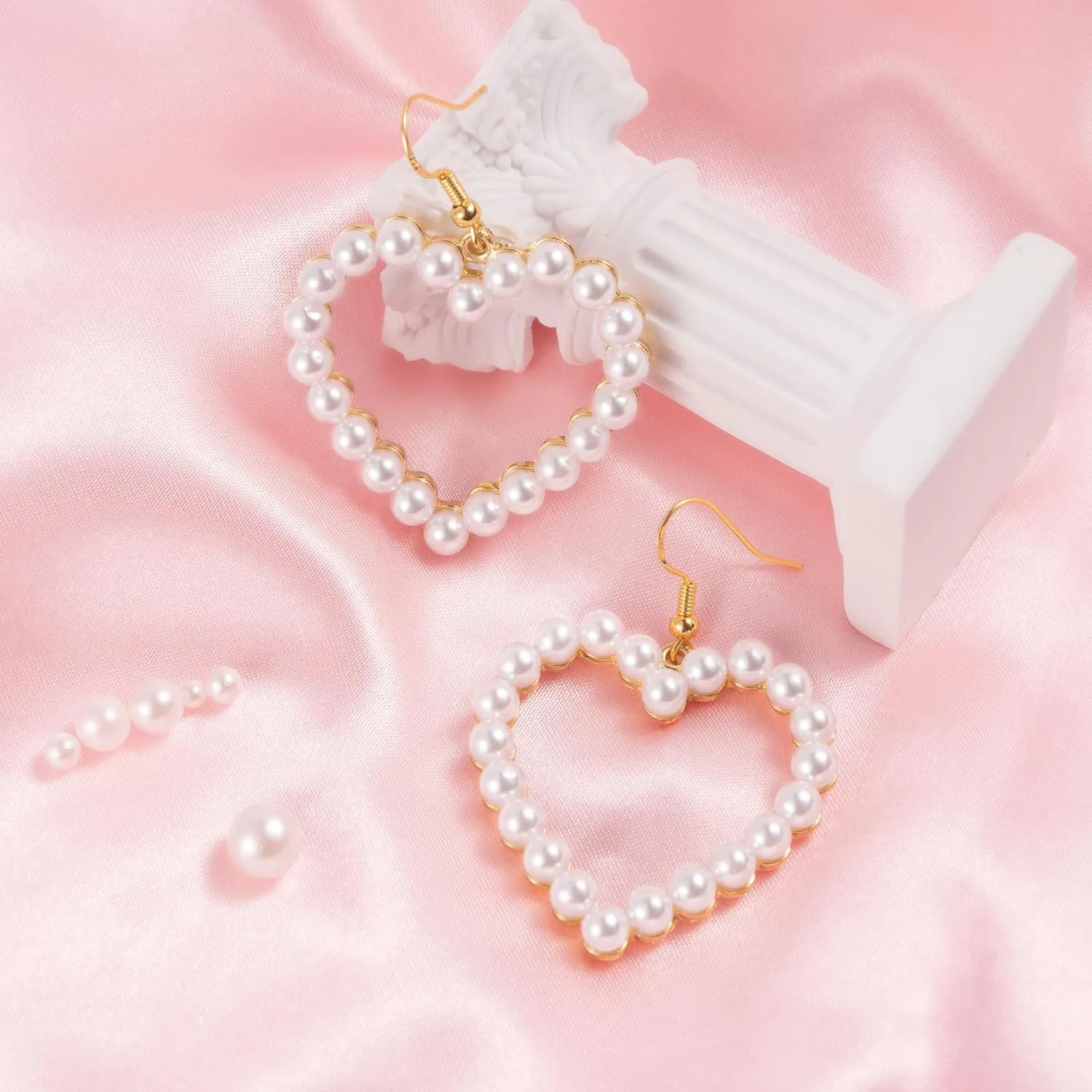 Pearl Earrings, Handcrafted Cultured Freshwater Pearl Drop Dangle Earrings, Hypoallergenic 925 Sterling Silver Ear Pins, 13k Gold Plated, Heart and Round Shape, Sparkling and Elegant Jewelry Gift