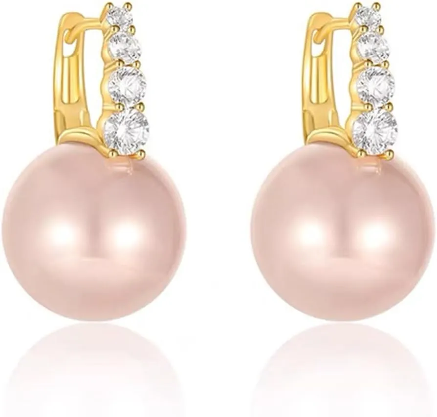 Pearl Hoop Earrings for Women Trendy, 13mm Cubic Zirconia Pearl Drop Earrings, 18K Gold Plated Shell Pearl Dangle Earring Jewelry for Gift, Wedding Christmas Birthday Anniversary