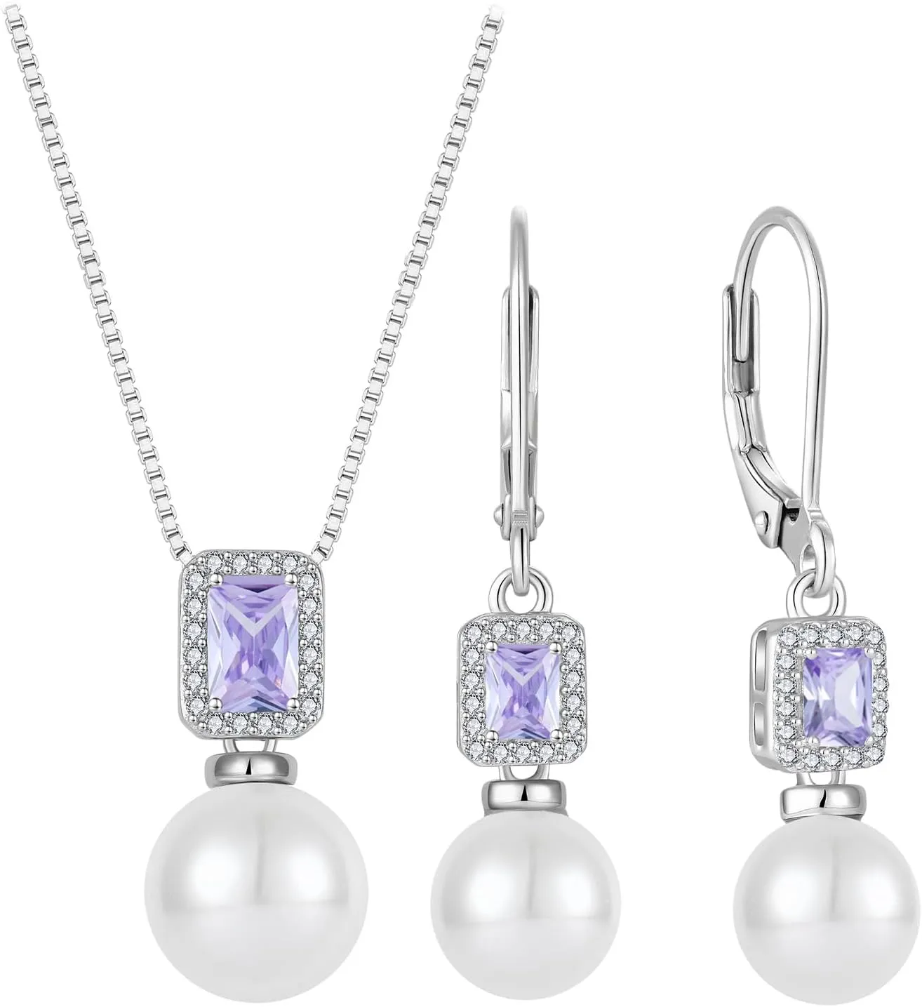 Pearl Jewelry Set 925 Sterling Silver Alexandrite Necklace Earrings Emerald Cut June Birthstone Jewelry Gifts for Her