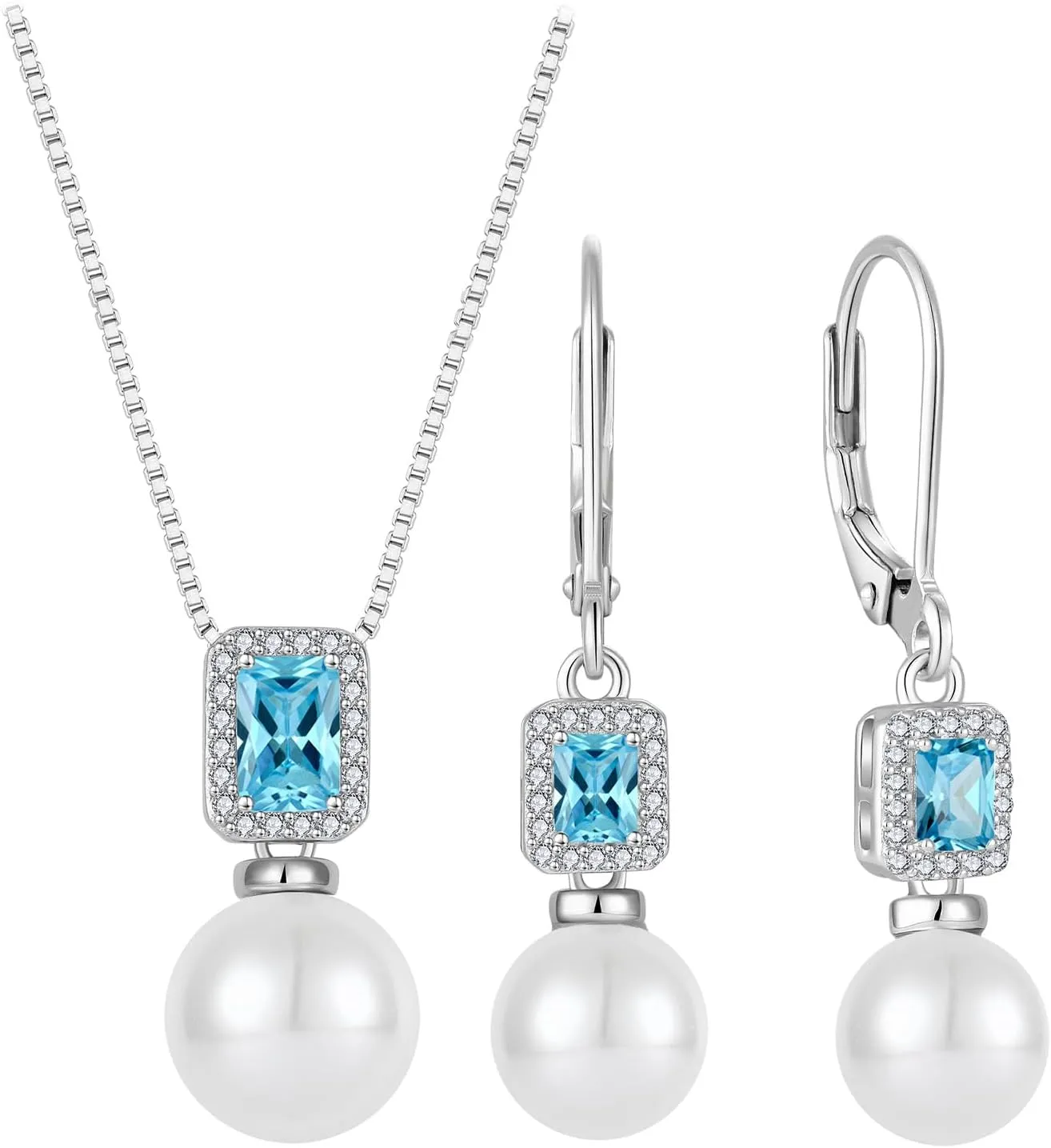 Pearl Jewelry Set 925 Sterling Silver Aquamarine Necklace Earrings Emerald Cut March Birthstone Jewelry Gifts for Her