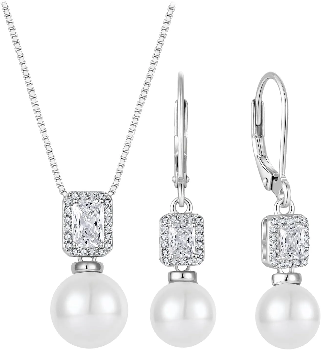 Pearl Jewelry Set 925 Sterling Silver Emerald Cut Cubic Zirconia Necklace Earrings April Birthstone Jewelry Gifts for Women