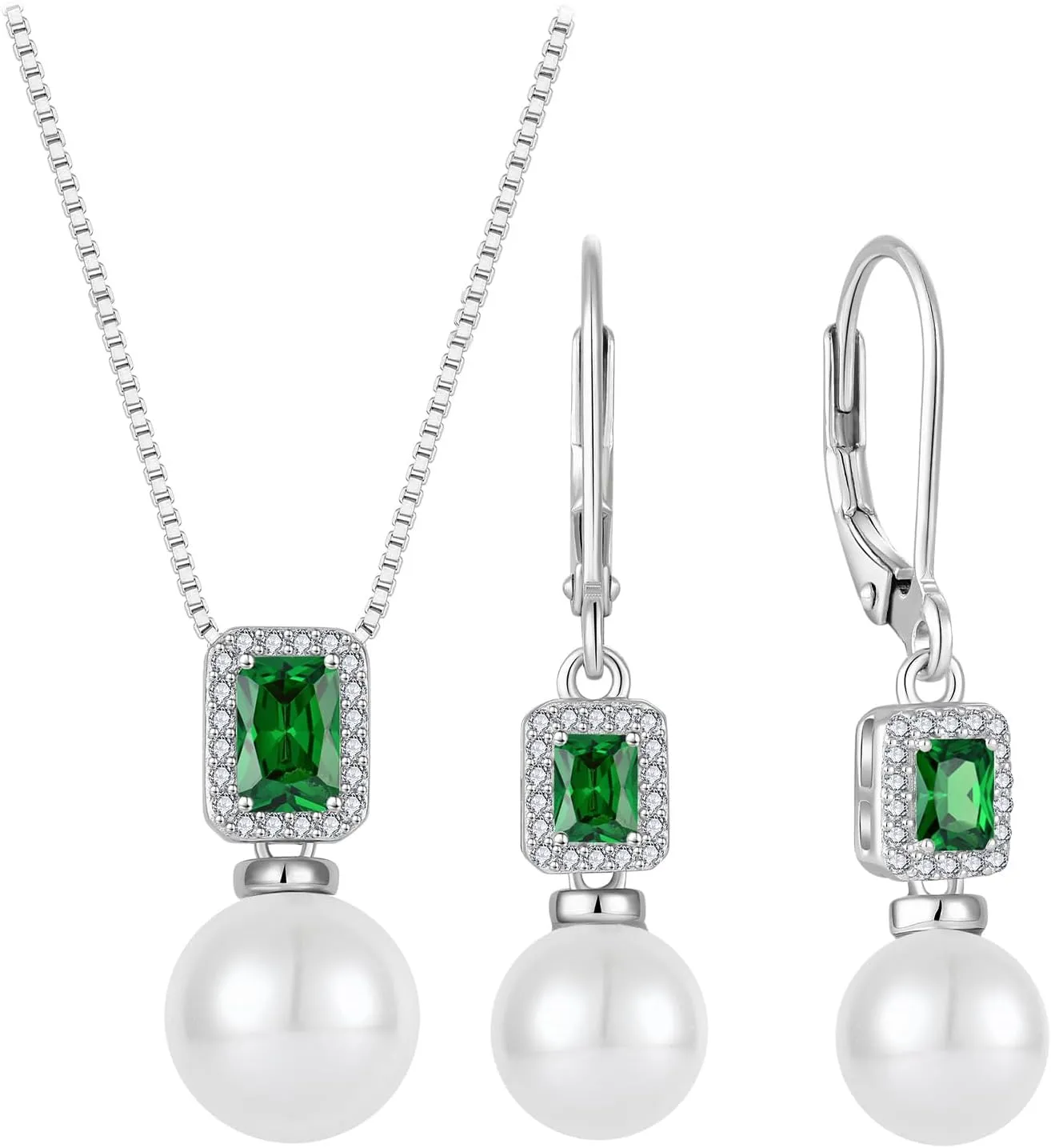 Pearl Jewelry Set 925 Sterling Silver Emerald Necklace Earrings Emerald Cut May Birthstone Jewelry Gifts for Her