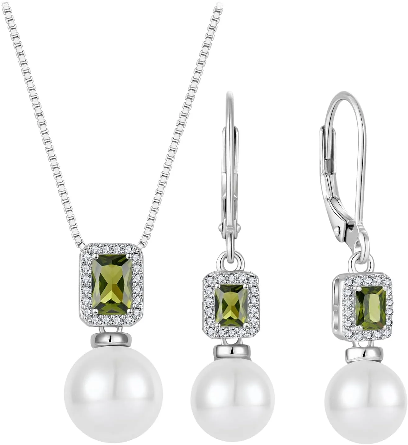 Pearl Jewelry Set 925 Sterling Silver Peridot Necklace Earrings Emerald Cut August Birthstone Jewelry Gifts for Her