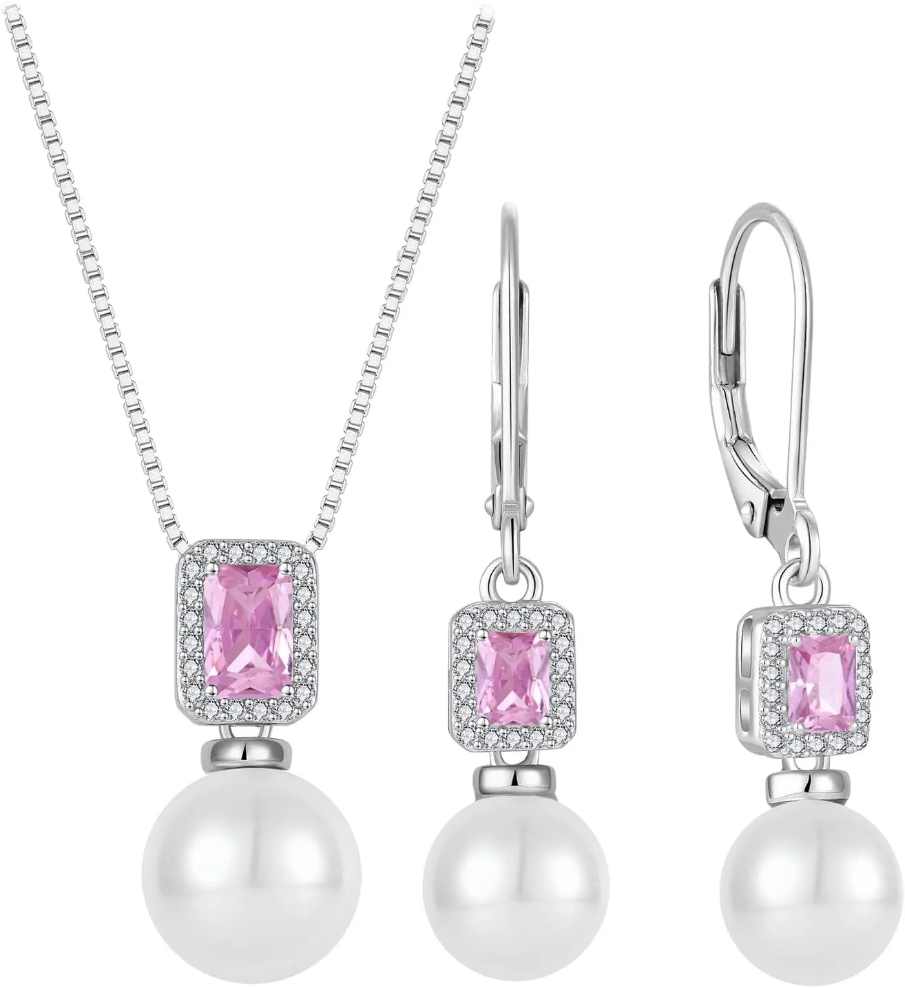 Pearl Jewelry Set 925 Sterling Silver Pink Tourmaline Necklace Earrings Emerald Cut October Birthstone Jewelry Gifts for Her