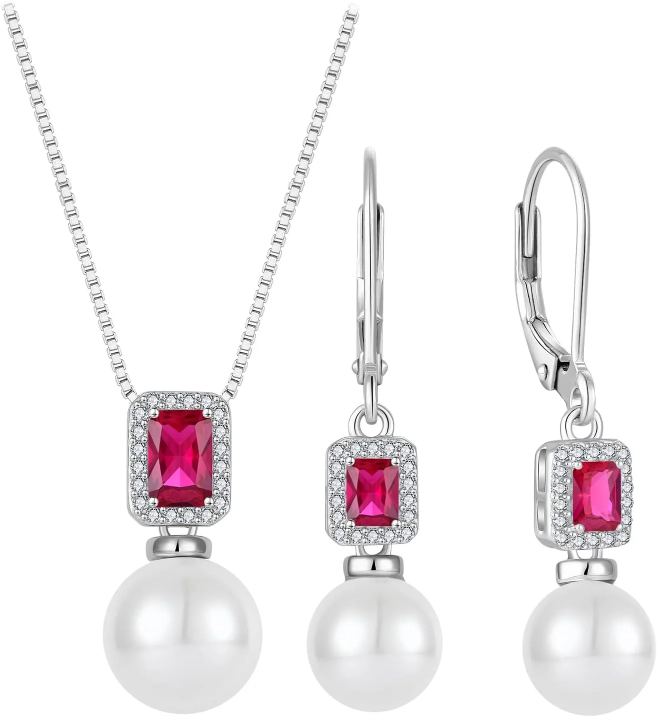 Pearl Jewelry Set 925 Sterling Silver Ruby Necklace Earrings Emerald Cut July Birthstone Jewelry Gifts for Her