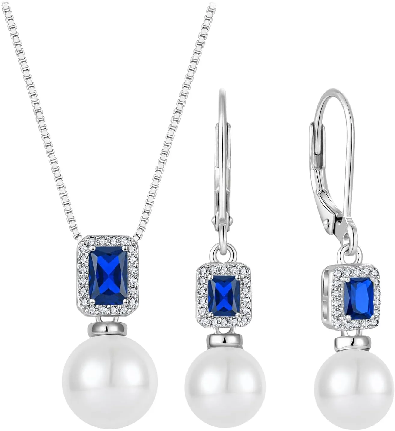 Pearl Jewelry Set 925 Sterling Silver Sapphire Necklace Earrings Emerald Cut September Birthstone Jewelry Gifts for Her