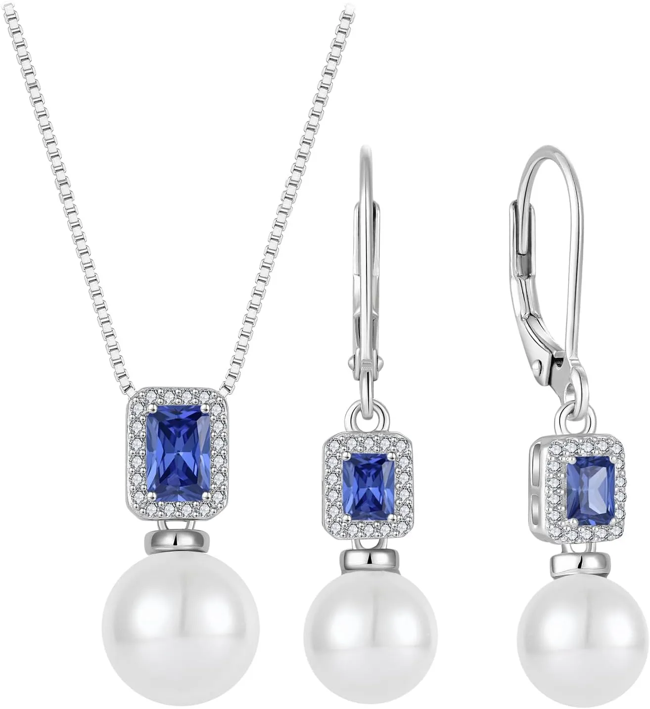 Pearl Jewelry Set 925 Sterling Silver Tanzanite Necklace Earrings Emerald Cut December Birthstone Jewelry Gifts for Her