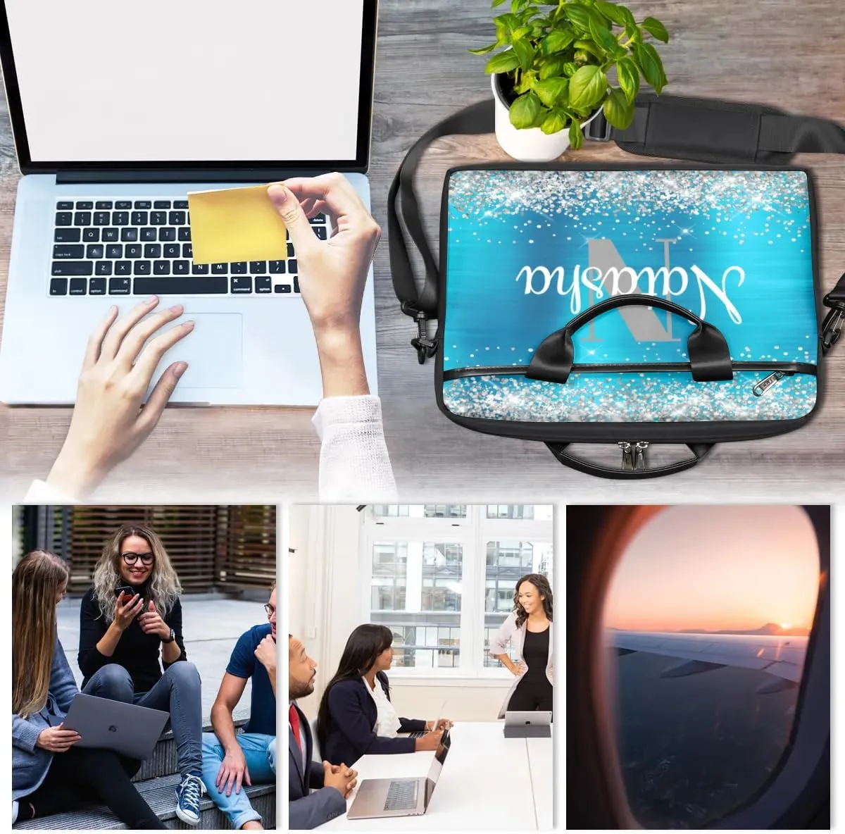 Personalized Glitter Laptop Bag Case Briefcases for Women, Custom Gift Computer Cases for Laptops, Tablet Shoulder Bag
