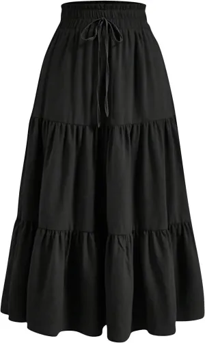 Petite Midi Skirt Maxi Spring Flowy Boho Comfy Tiered Western Pleated Midi Skirts for Women