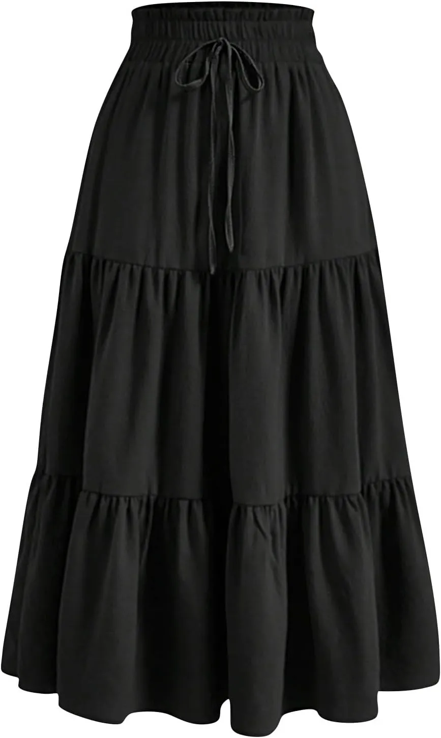 Petite Midi Skirt Maxi Spring Flowy Boho Comfy Tiered Western Pleated Midi Skirts for Women