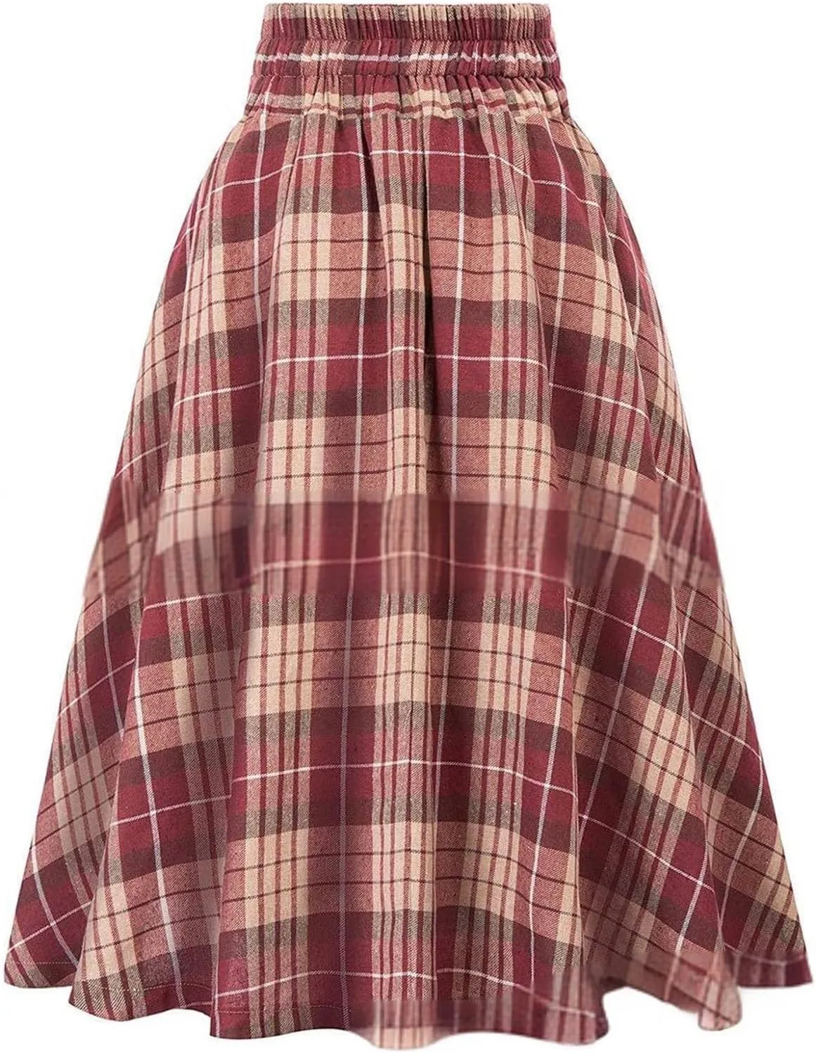 Plaid Skirts for Women High Waist A Line Bodycon Cute Midi Skirts Fall Winter Comfy Knee Length Skirt with Pockets