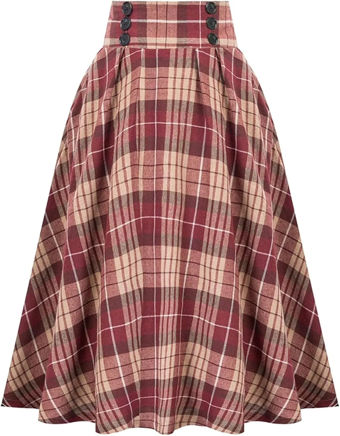 Plaid Skirts for Women High Waist A Line Bodycon Cute Midi Skirts Fall Winter Comfy Knee Length Skirt with Pockets