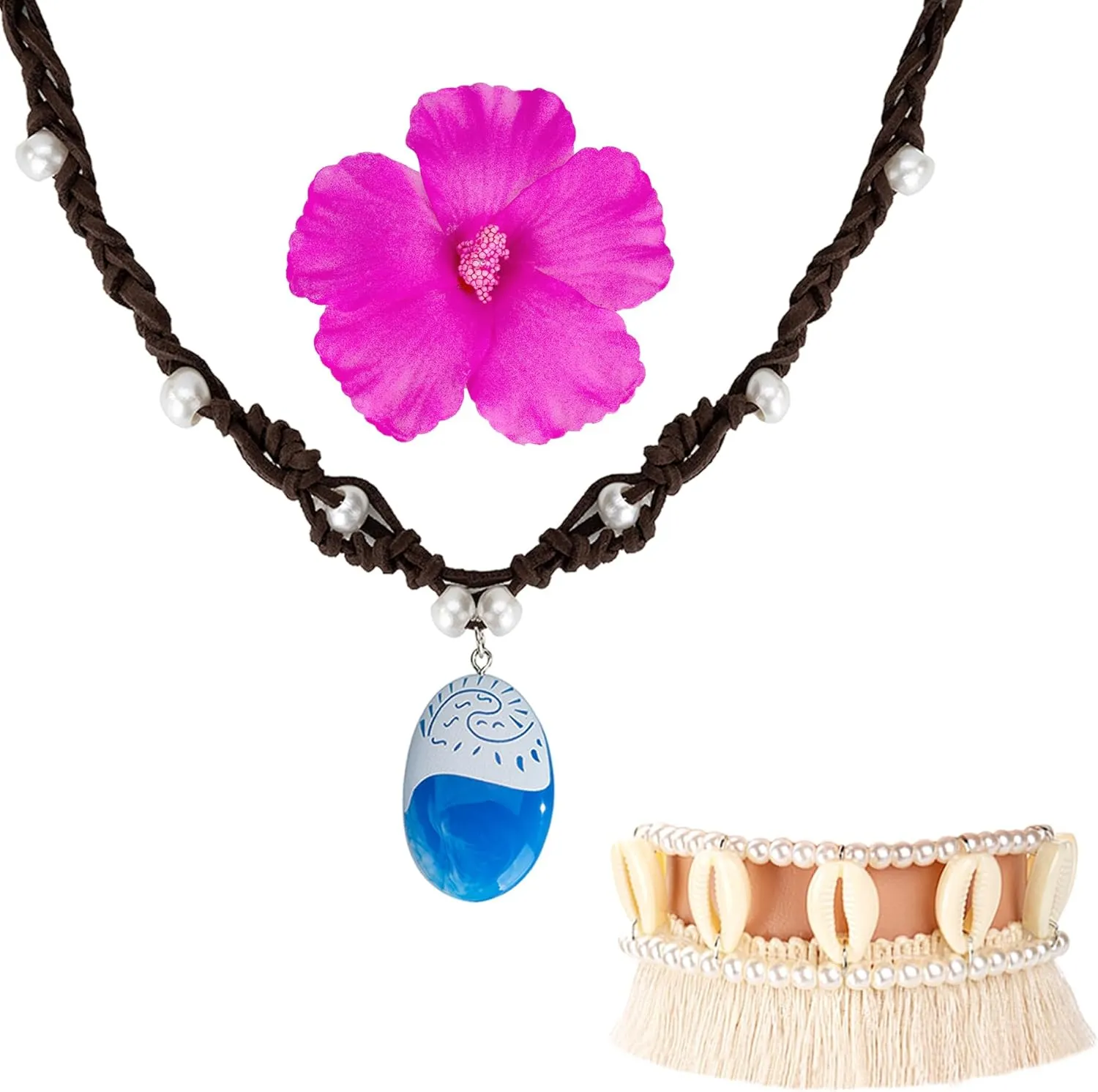 Princess Costume Accessories Set for Women Halloween Ocean Necklace Hawaii Flower Hair Clips Shell Anklet Party Dress Up
