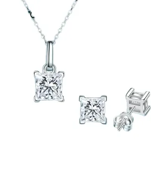 Princess Cut Square Pendant Necklace Earring Jewelry Set Color Jewelry For Women 925 Silver-N01