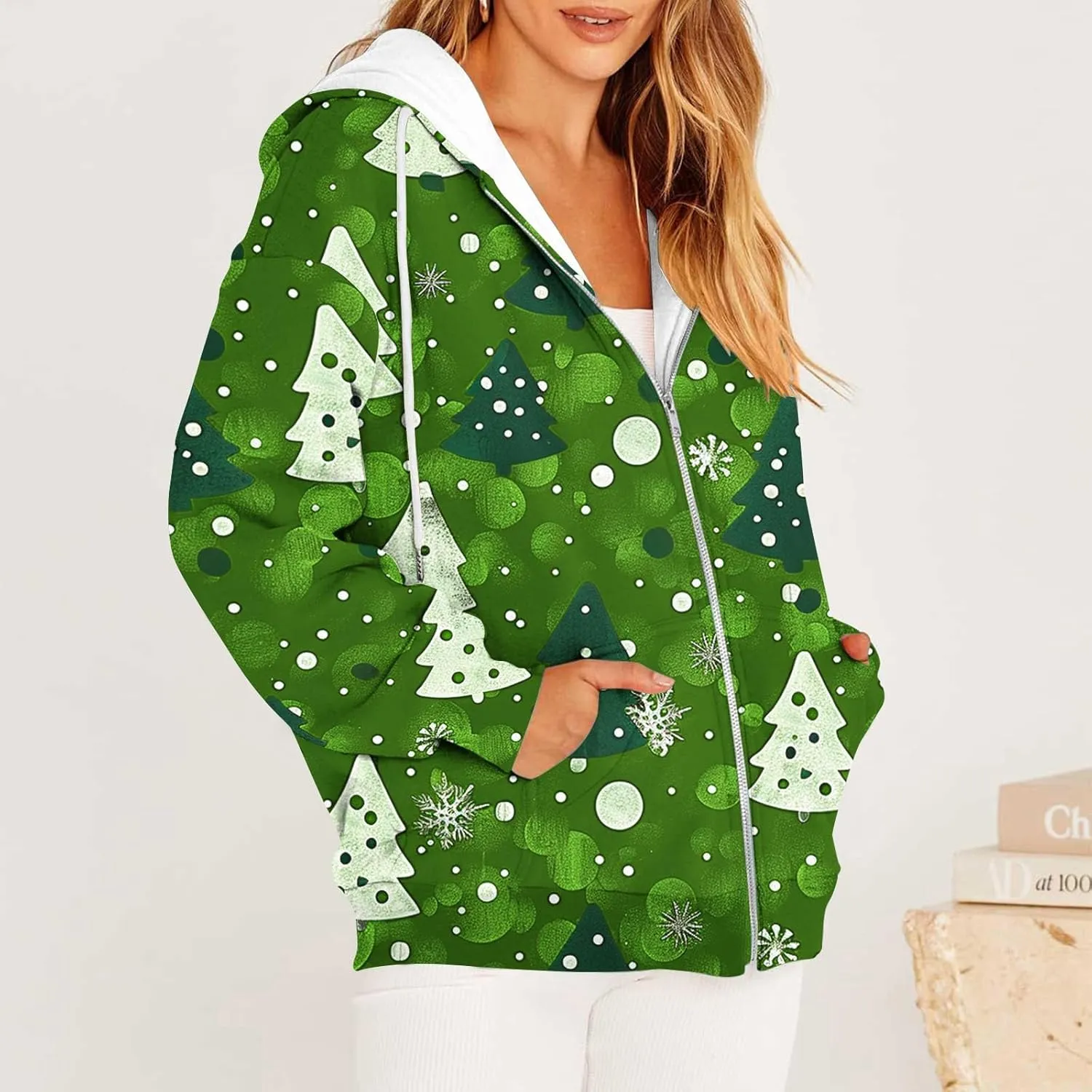 Quilted Jackets for Women Casual Christmas Print Winter Coats Full Zip Hoodies Long Sleeve Sweatshirt with Pockets
